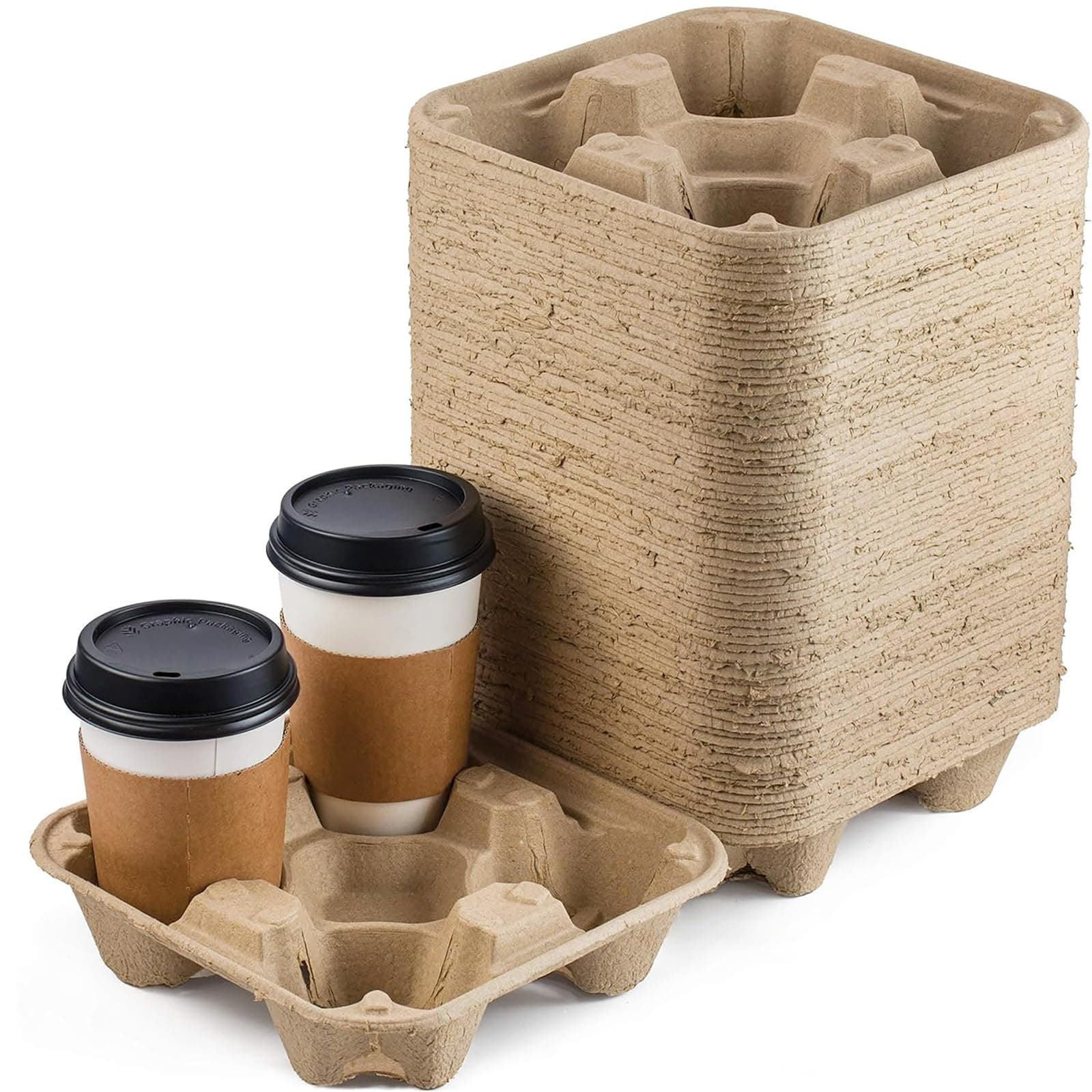 FMP Brands 4 Cup Disposable Drink Carrier Trays, 45 Pack Compostable Pulp Fiber Cup Holder for 8-32 oz Cup, Durable to Go Coffee Cup Holders for Delivery Service, Uber Eats