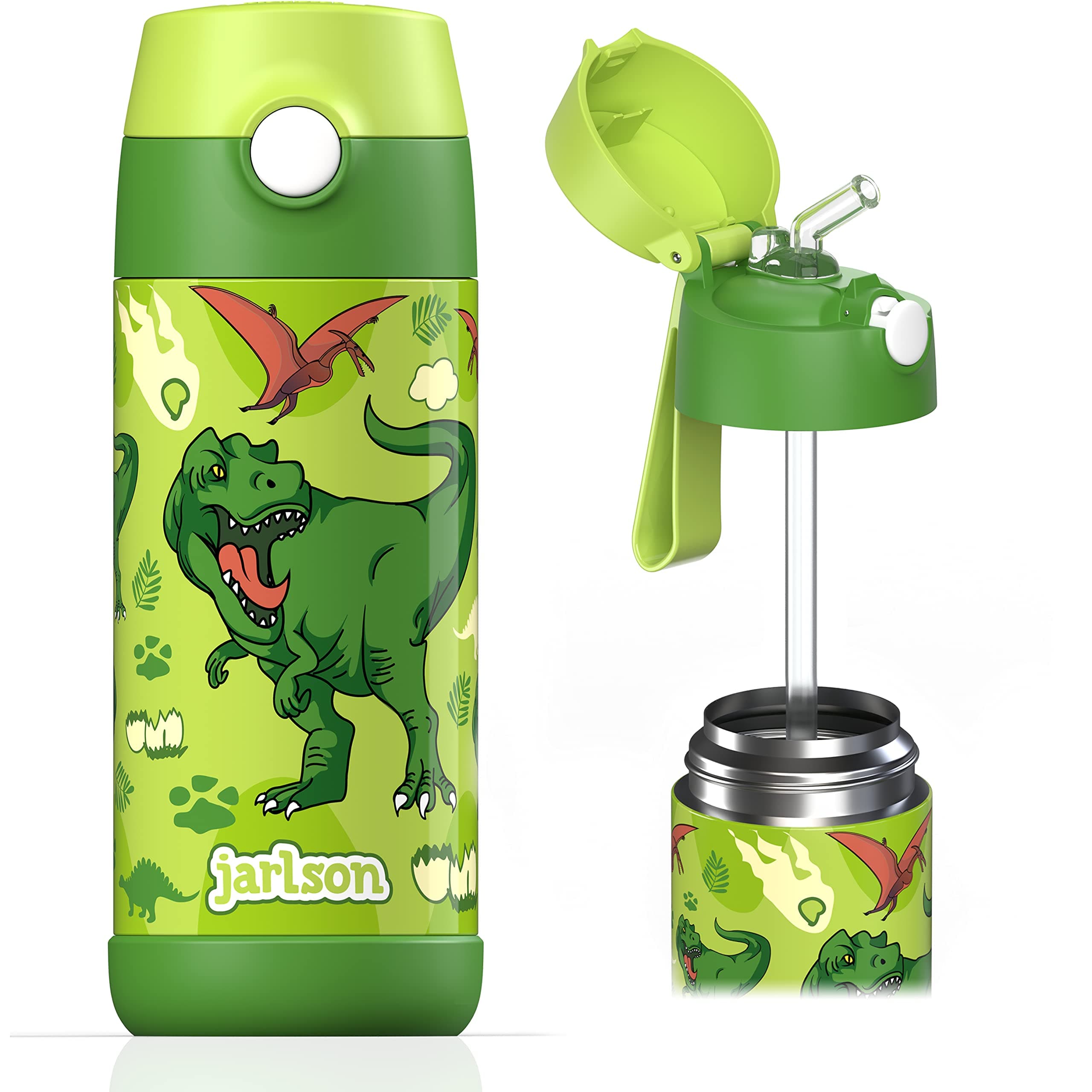 Jarlson® Kids Water Bottle CHARLI [12OZ] - Stainless Steel Thermo Bottle with Straw - Insulated, Spill Proof Waterbottle for School & Sports - Thermo Tumbler for Boys & Girls (Dinosaur)