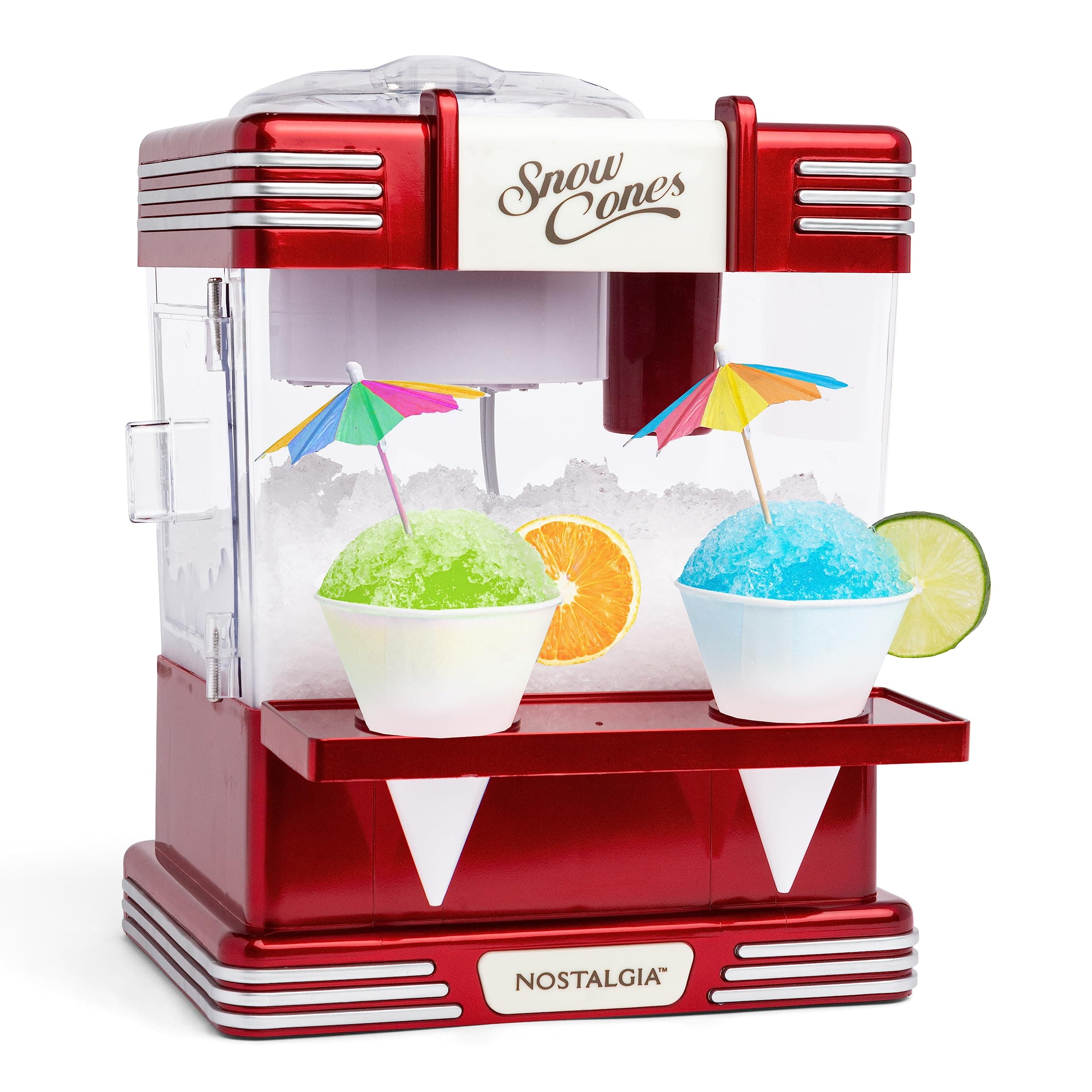 Snow Cone Shaved Ice Machine - Retro Table-Top Slushie Machine Makes 20 Icy Treats - Includes 2 Reusable Plastic Cups & Ice Scoop - Retro Red