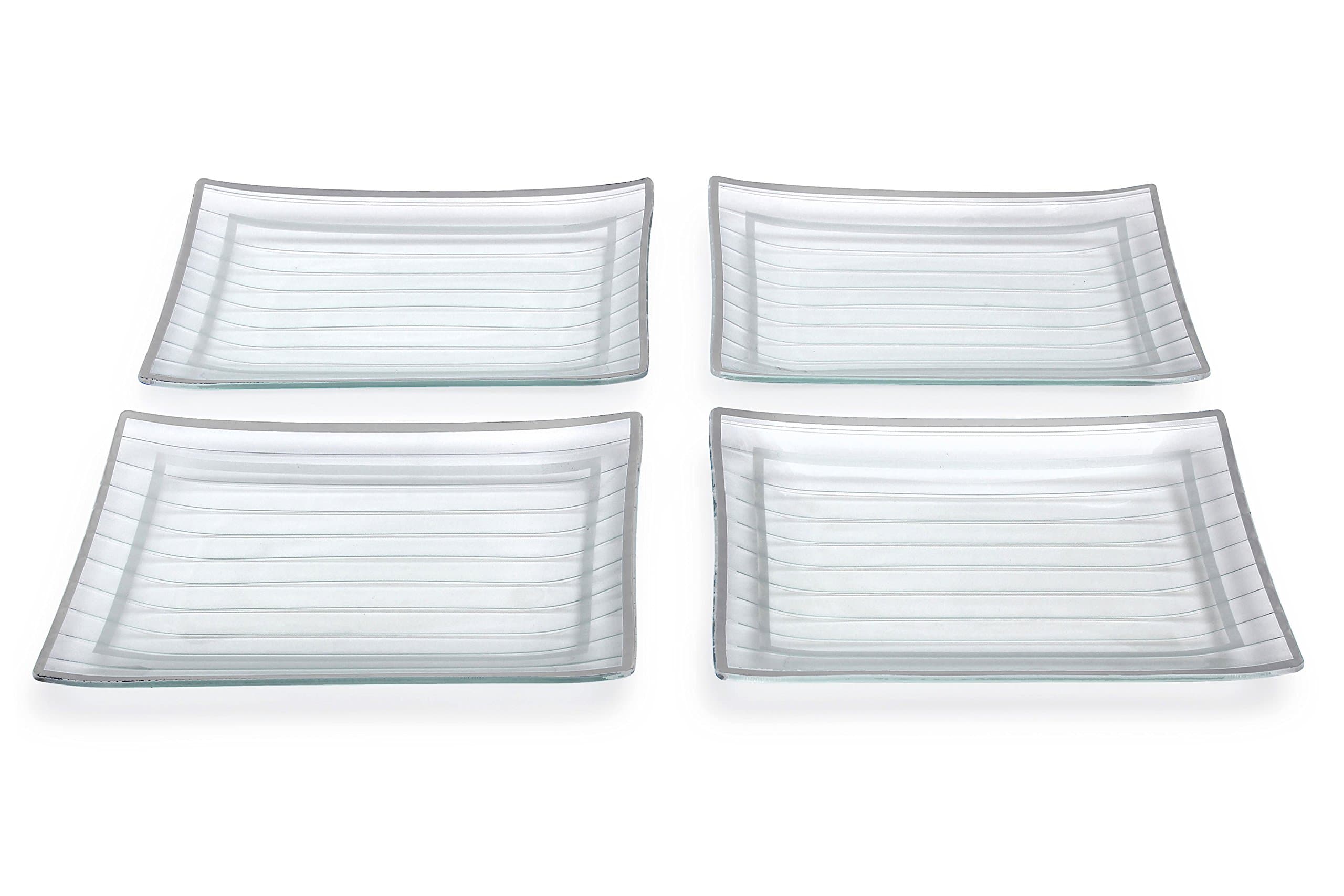 GAC Rectangular Tempered Glass Dinner Plate Set With Grey Trim, Service for 4, Break and Chip Resistant – Microwave and Oven Safe – Dishwasher Safe - Decorative Serving Plate