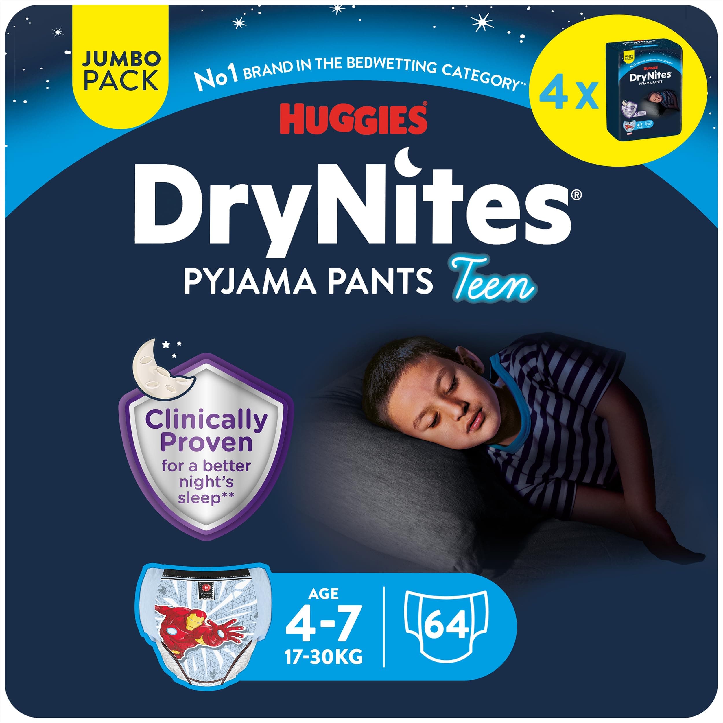 DryNites Pyjama Pants, 4-7 years, Bed Wetting Diaper, Boys, 17-30 kg, 4 x Jumbo Packs, 64 Pants