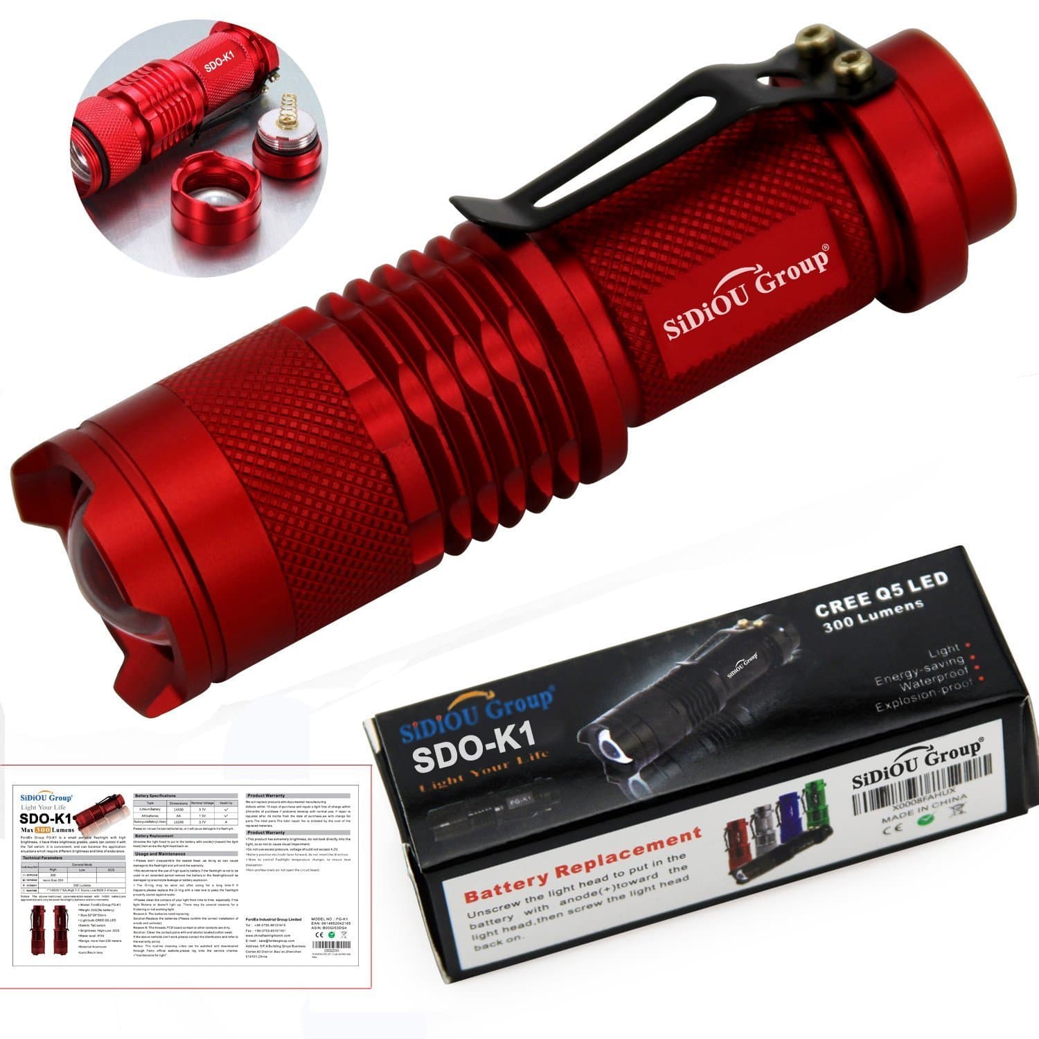 Sidiou Group 7W 300LM Mini CREE LED Flashlight Torch Adjustable Focus Zoom Light Lamp (3 Mode Red)