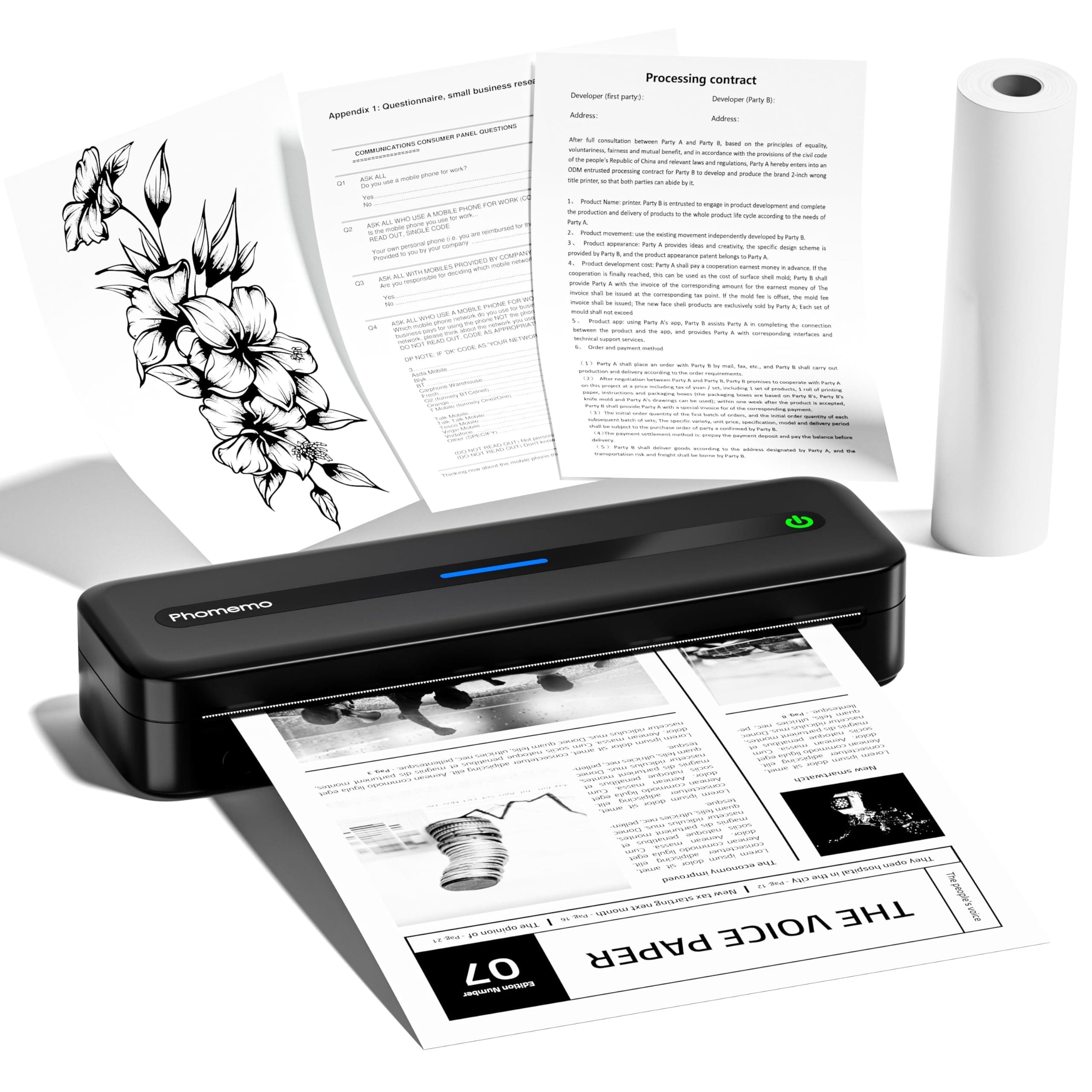 M832 Portable Printer, Upgrade Thermal Printer Wireless for Travel, Bluetooth Inkless Support 8.26"x11.69" A4/4''/3''/2'' Thermal Roll Paper, Compatible with Phone & Laptop,300dpi
