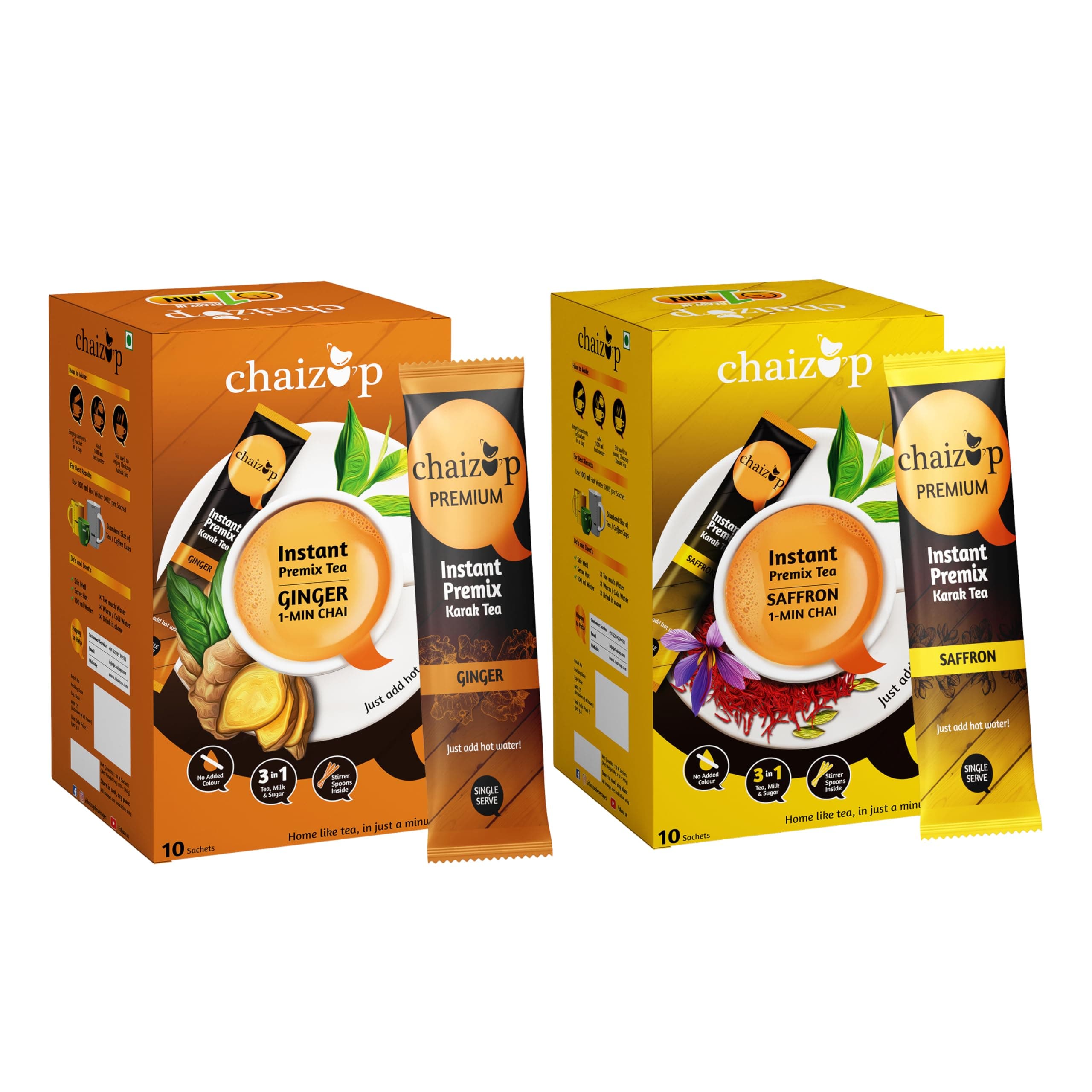 Premium 1 Min Instant Assorted Tea Pack - 20 Sachets | Ginger & Saffron Flavours | 20 Servings | 2 Packs (10 Flavours Each) | 280g