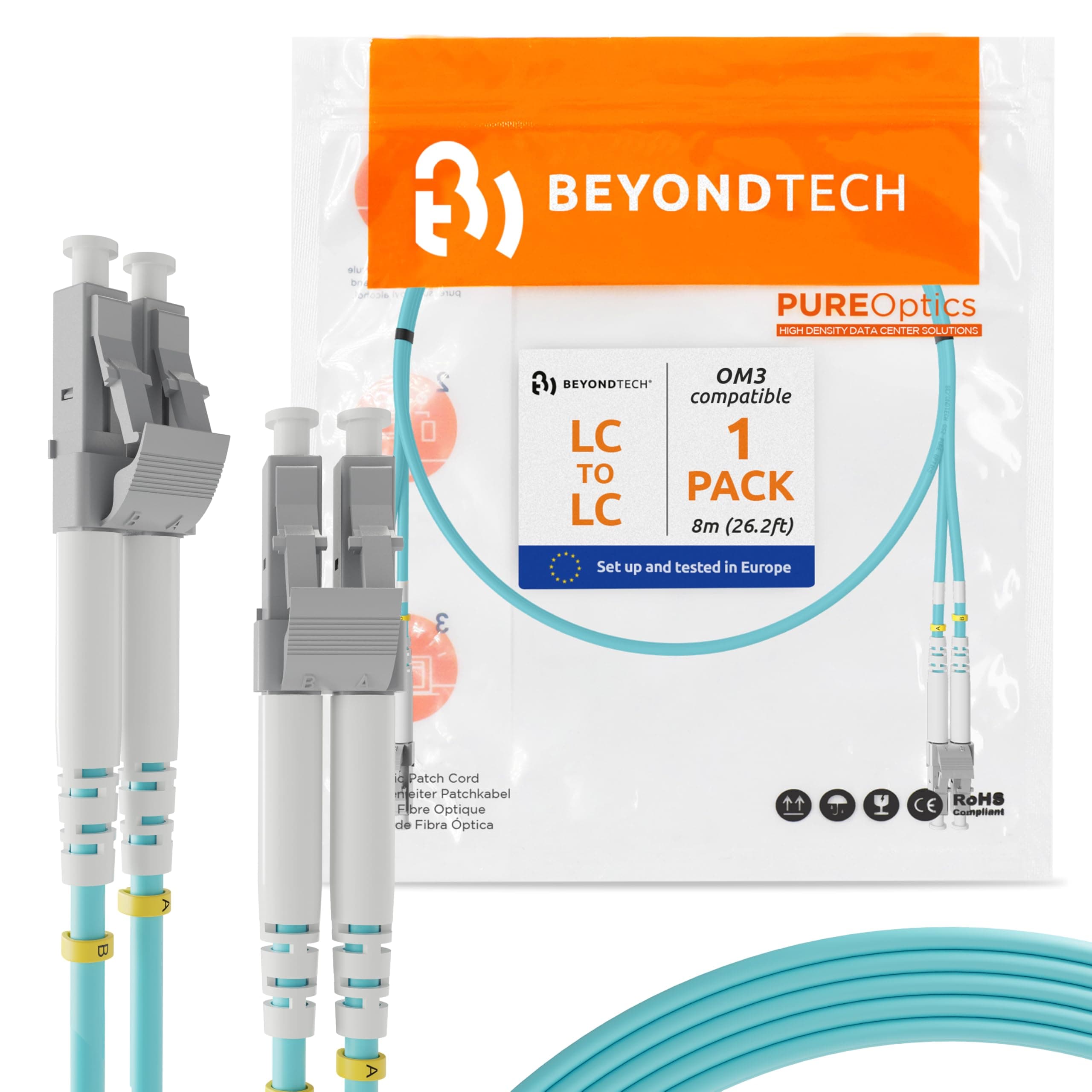 BEYONDTECH 8m (26.24ft) LC to LC Fiber Patch Cable – UPC Multimode Duplex Fiber Optic Cable – 50/125µm core, Compatible with OM3 – 10G LSZH PUREOptics Series