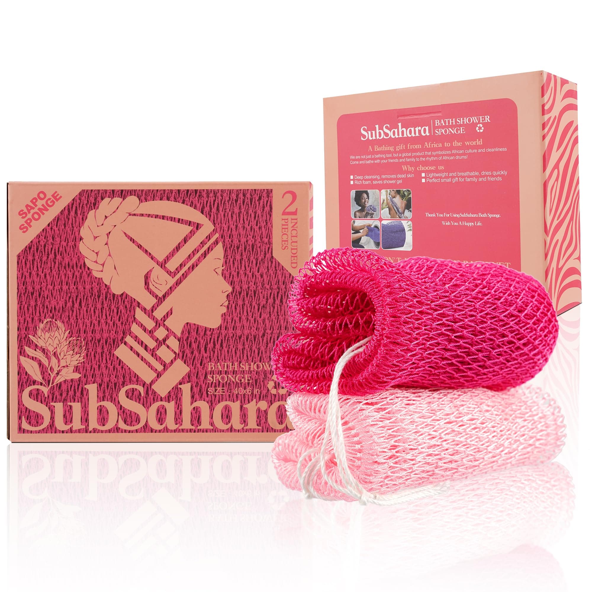 SubSahara Authentic African Net Sponge - 2 Pack Exfoliating Bath & Shower Loofah Sponge for Body & Face, Gentle Scrubber for All Skin Types, Travel, Durable (Dark Pink & Light Pink)