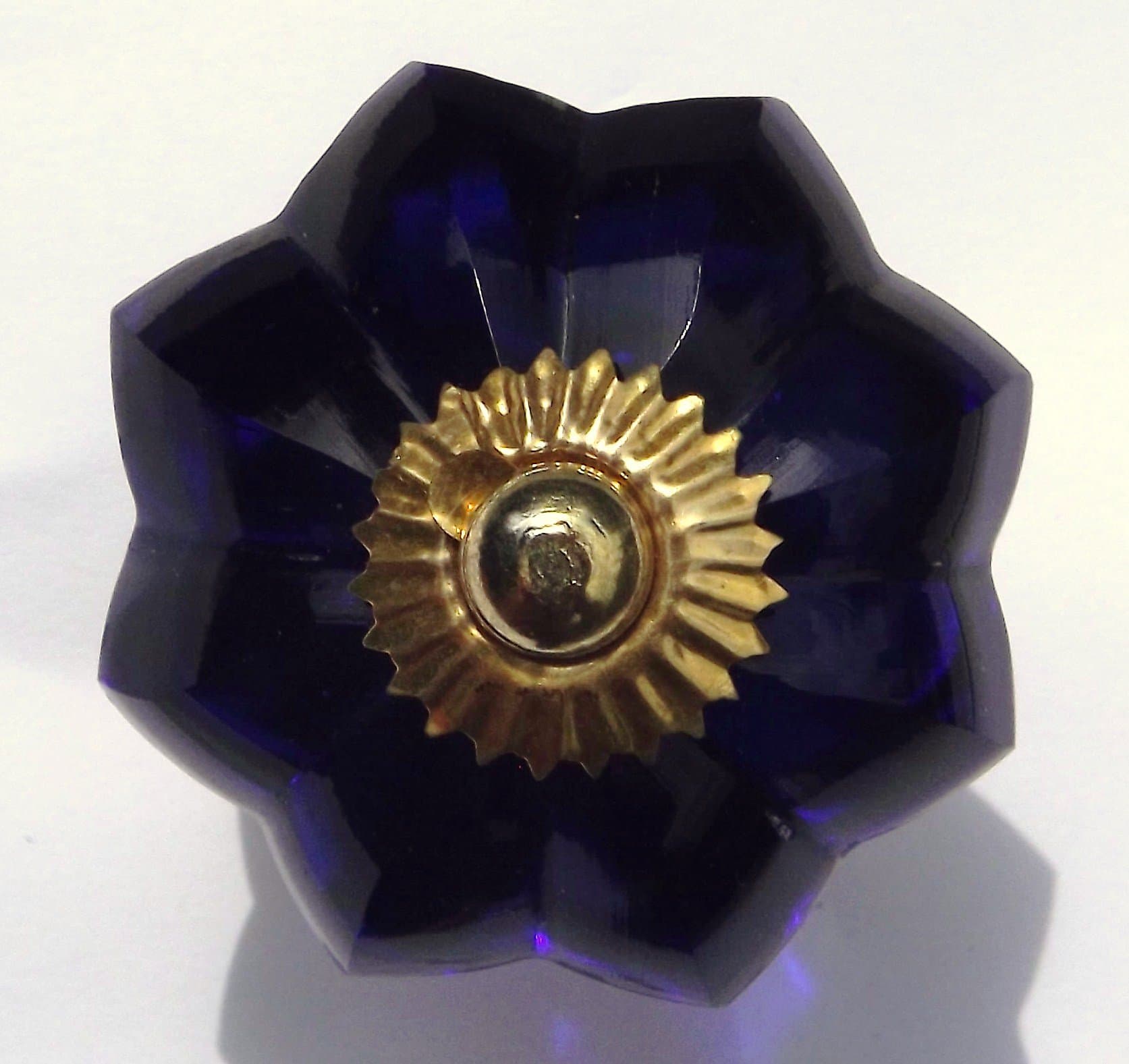 Dark Blue flower shaped cut glass drawer & cupboard knobs
