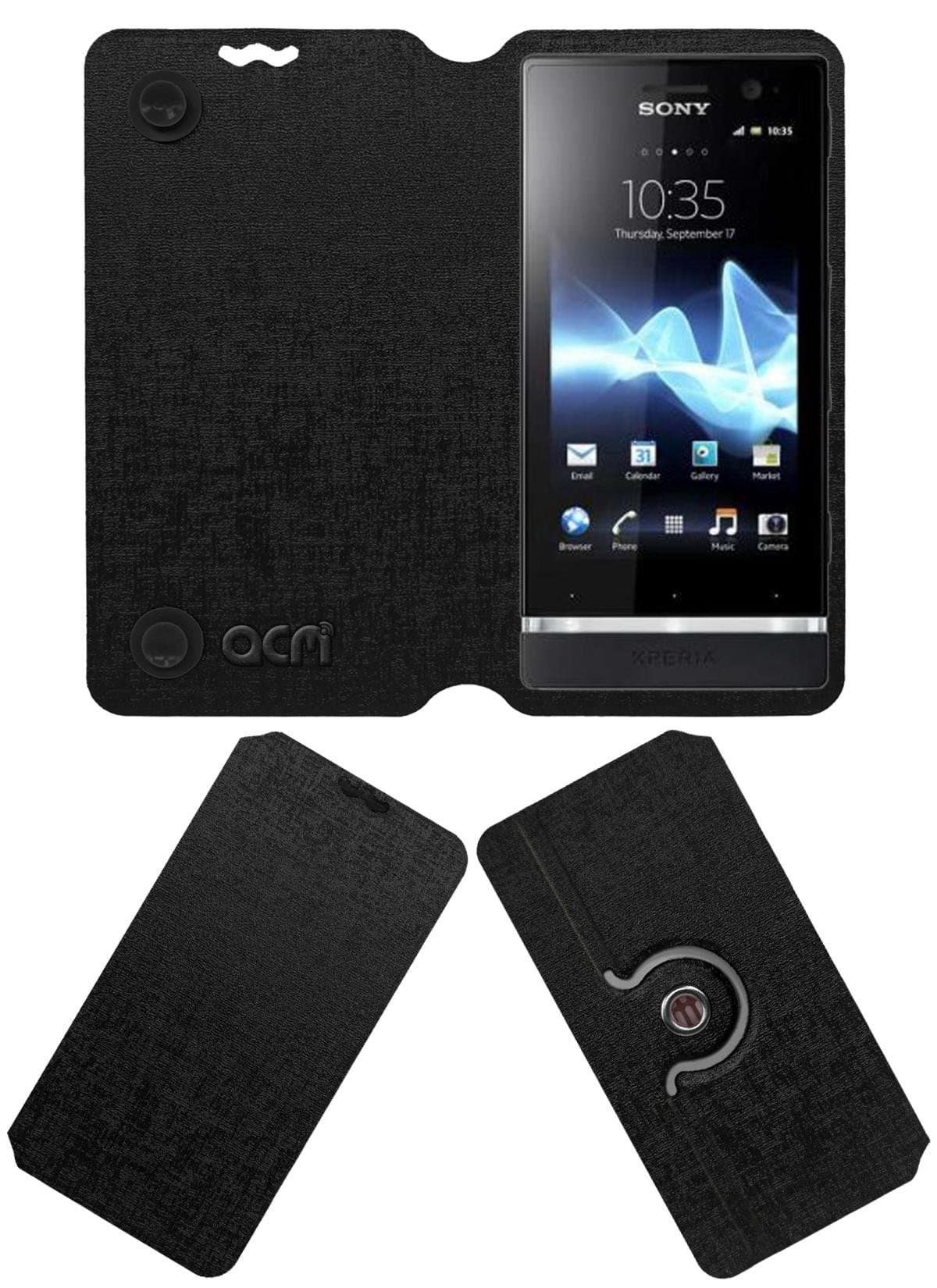 ACM Designer Rotating Flip Flap Case Compatible with Sony Ericsson Xperia U St25i Mobile Stand Cover Black