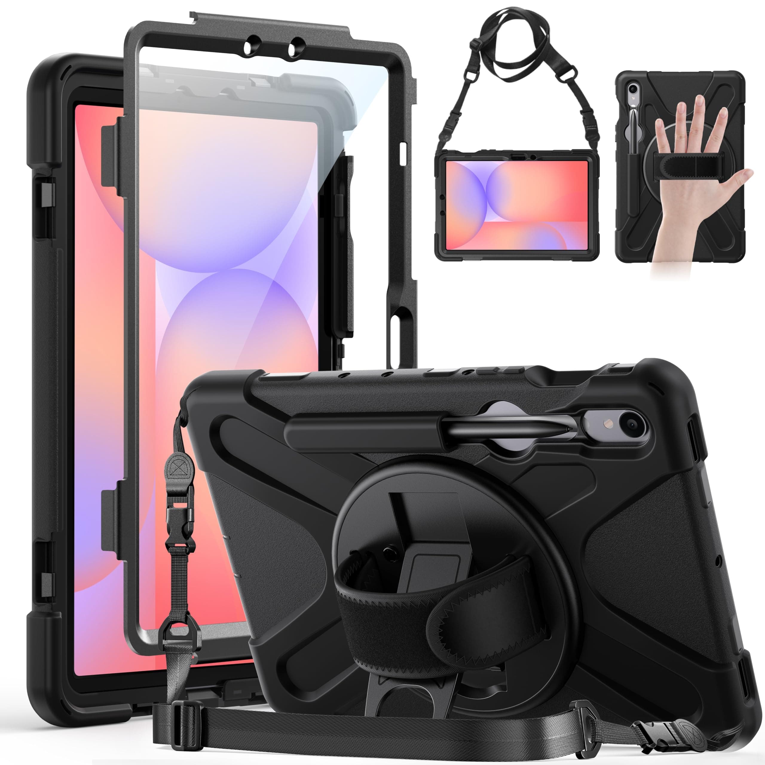 Gerutek Galaxy Tab S7 Case 11Inch 2020, 3-Layer Structure Shockproof Samsung Galaxy Tab S7 Case with Rotatable Kickstand, Shoulder/Hand Strap, Suit for Model SM-T870/T875/T878, Black