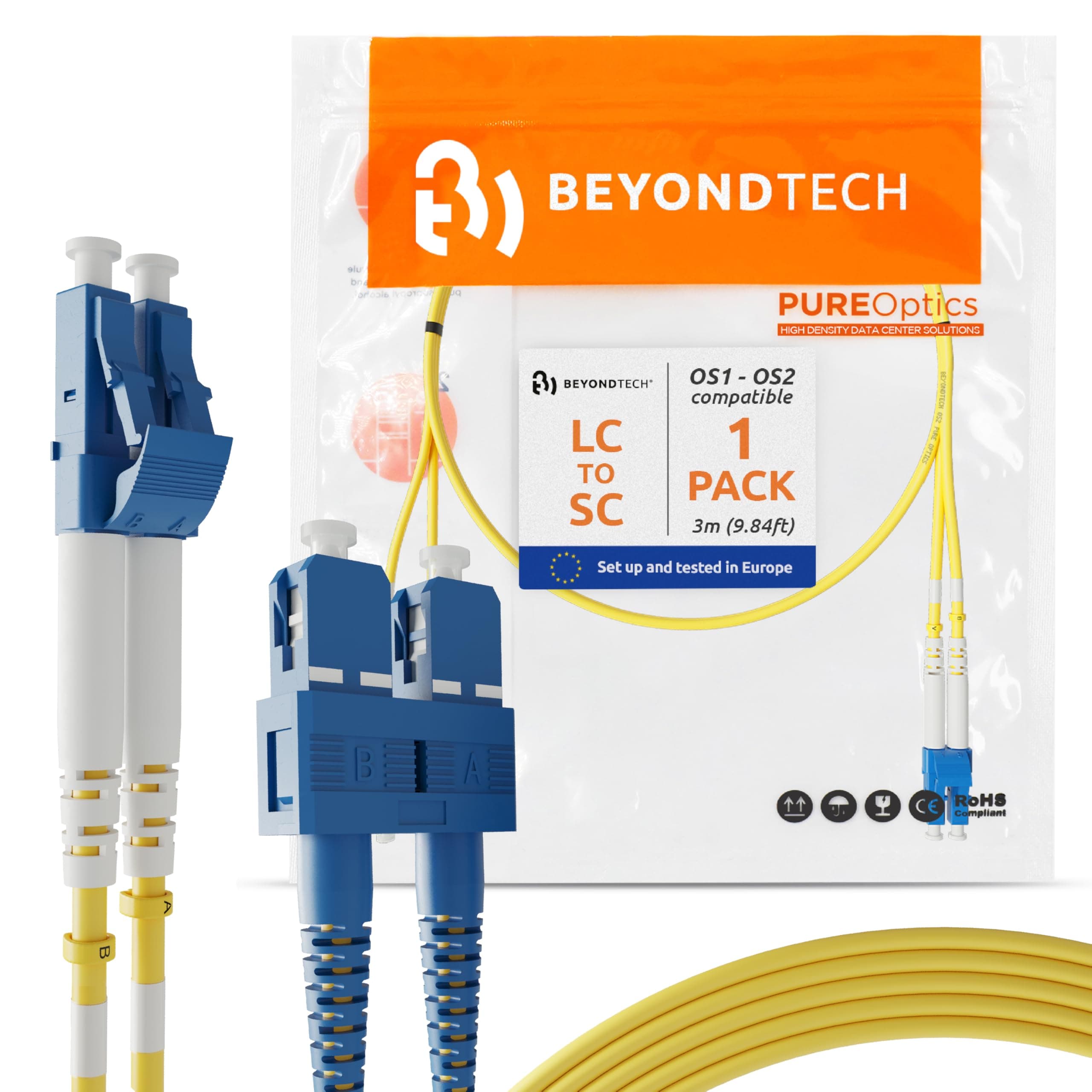 BEYONDTECH Lc To Sc Fiber Patch Cable Single Mode Duplex - 3M (9Ft) - 9/125 Os1 - Pureoptics Series, Black