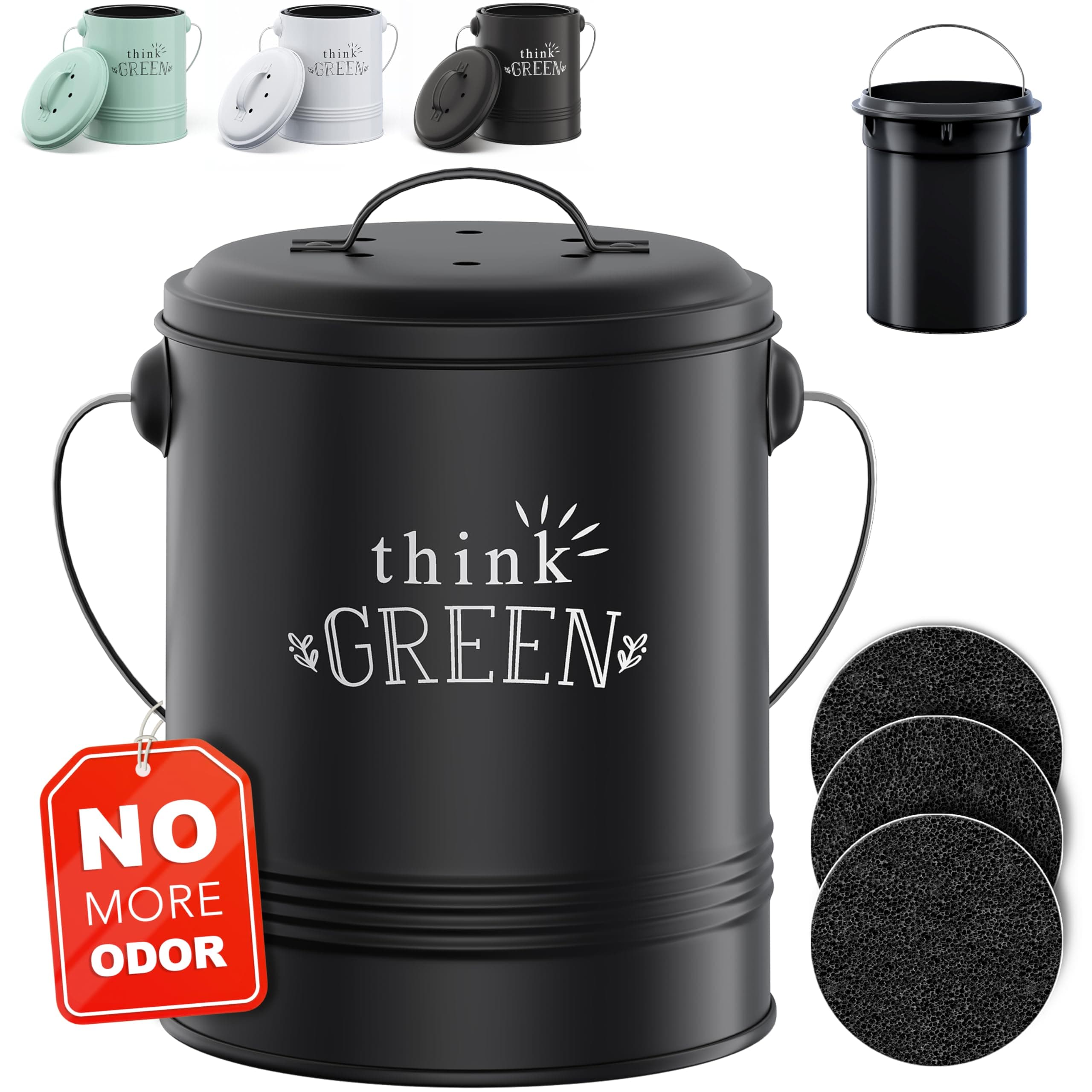 Barnyard Designs Compost Bin for Kitchen Counter - 1.2 Gallon Countertop Composter with Extra Smell-Absorbing Filters and Inner Bucket for Easy Cleaning - Food Waste Bin for Kitchen with Lid (Black)