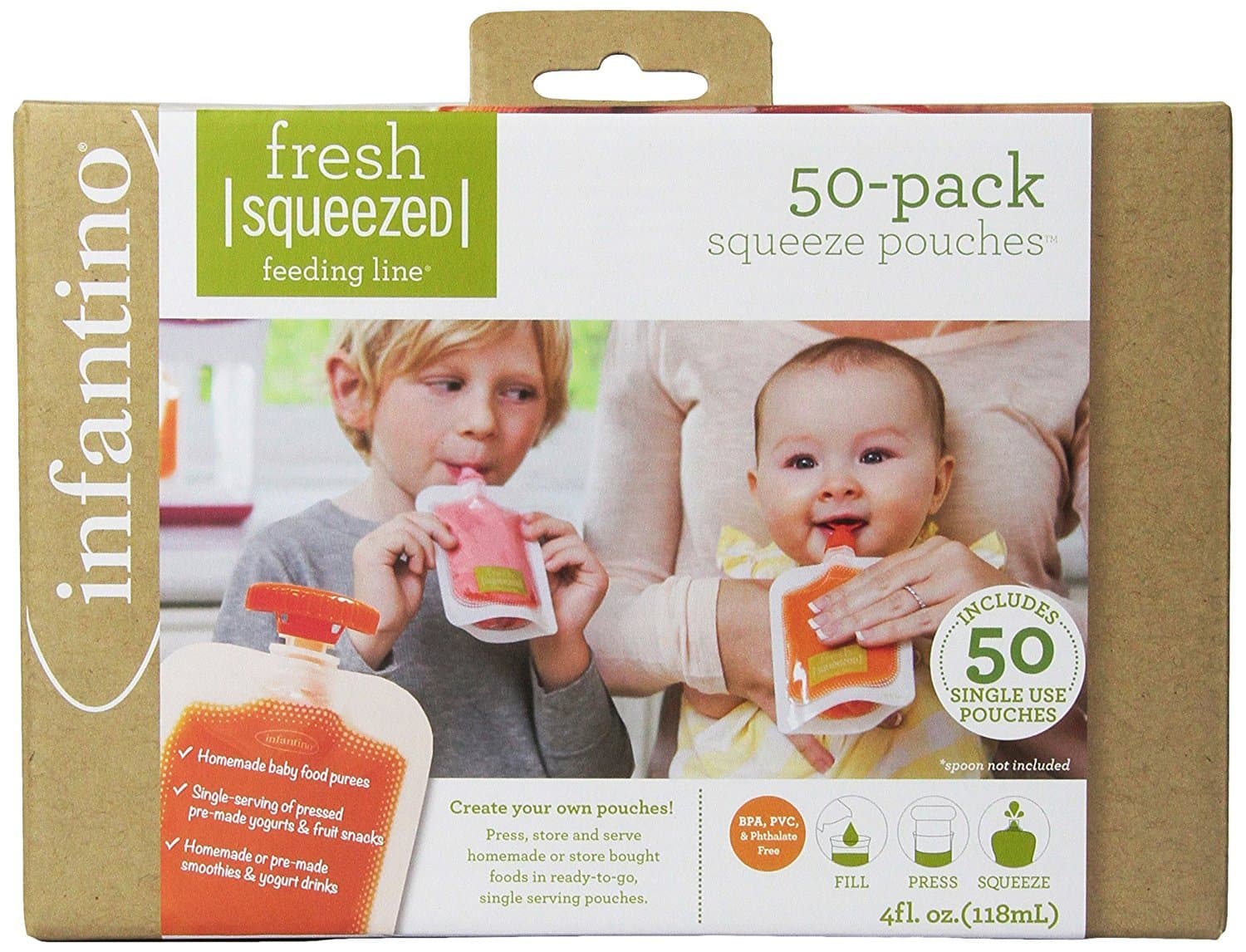 Infantino Disposable Squeeze Pouches, Disposable Pouches for Portable Homemade Semi-Solid Food for Babies and Toddlers, BPA and PVC free, Freezer Safe, 50-Pack