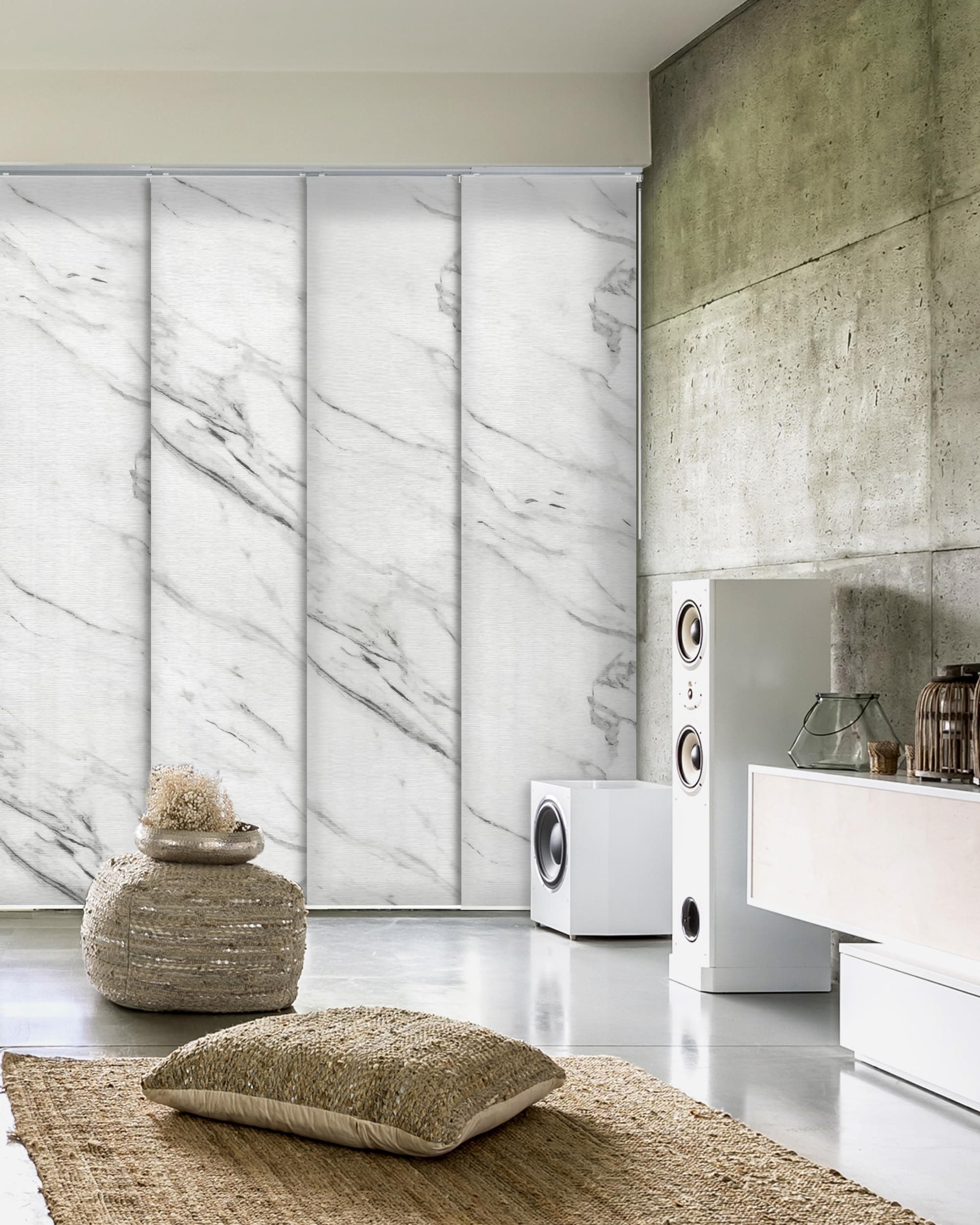 Deluxe Adjustable Sliding Panel Track Blind 45.8"- 86" W x 96" H, Extendable 4-Rail Track Blind for Patio Door, Trimmable Pleated Natural Woven Fabric, Marble Printed Pattern, Statuario