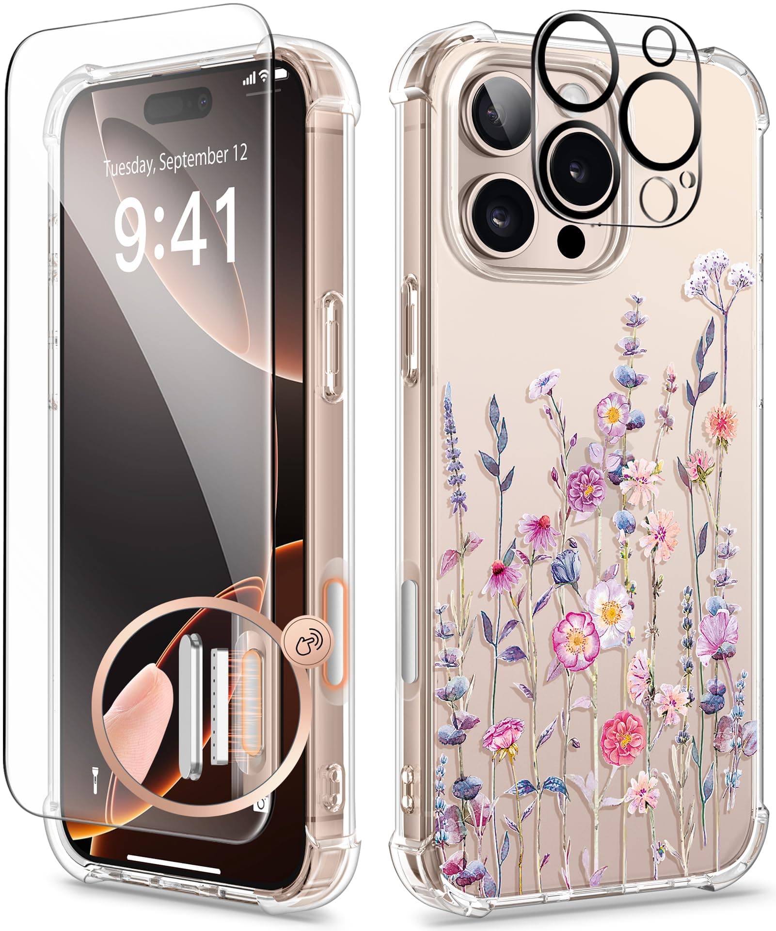 Compatible with iPhone 16 Pro Case 2024,[Camera Control Button]with Screen &Camera Lens Protectors Clear Shockproof Drop Protection Anti-scratch Floral Cover for Women Girl,Floratopia/Colorful
