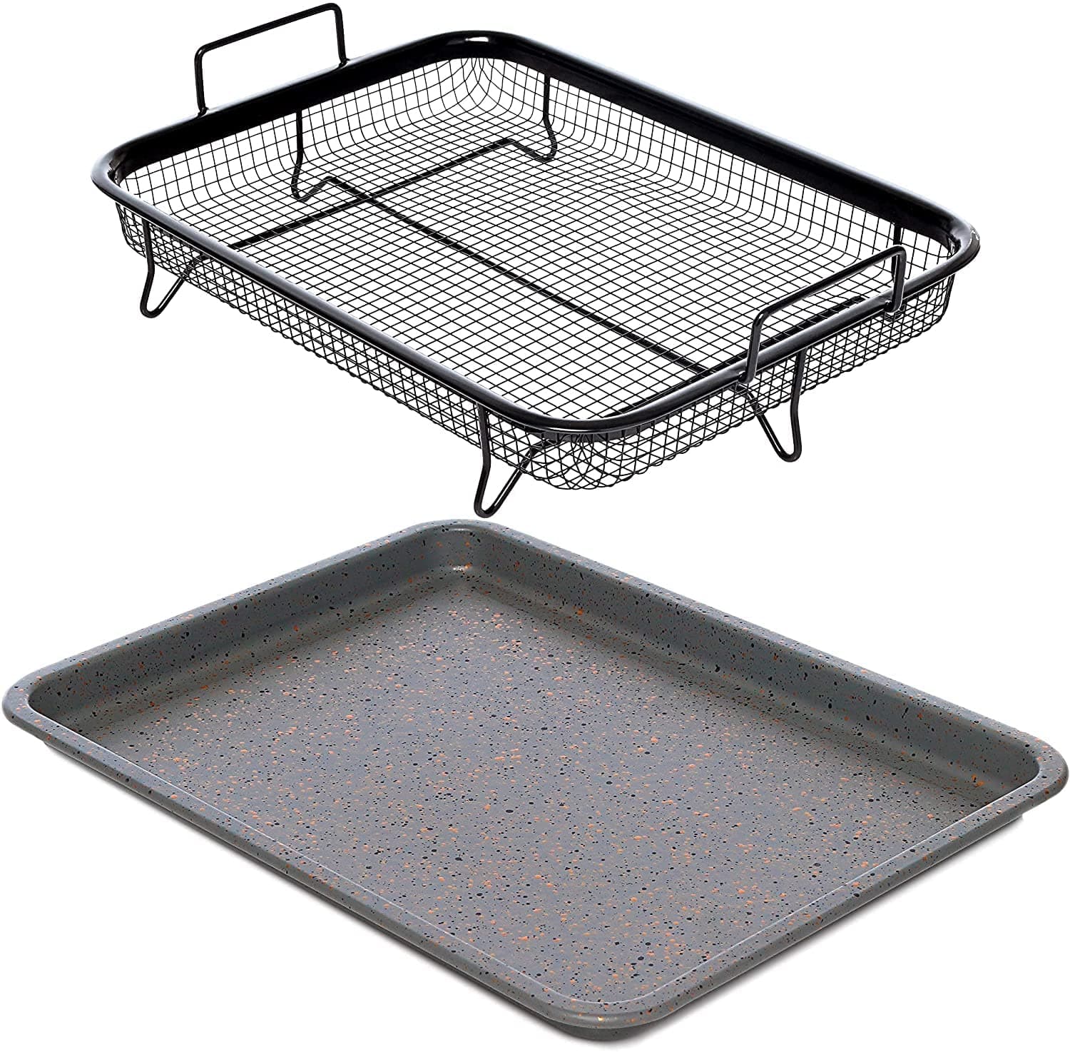 Non-Stick Elevated Oven Grill Tray for Crispy Crisps Without Oil - Ceramic Baking Crisper Basket with Easy Cleaning - 2pc Set