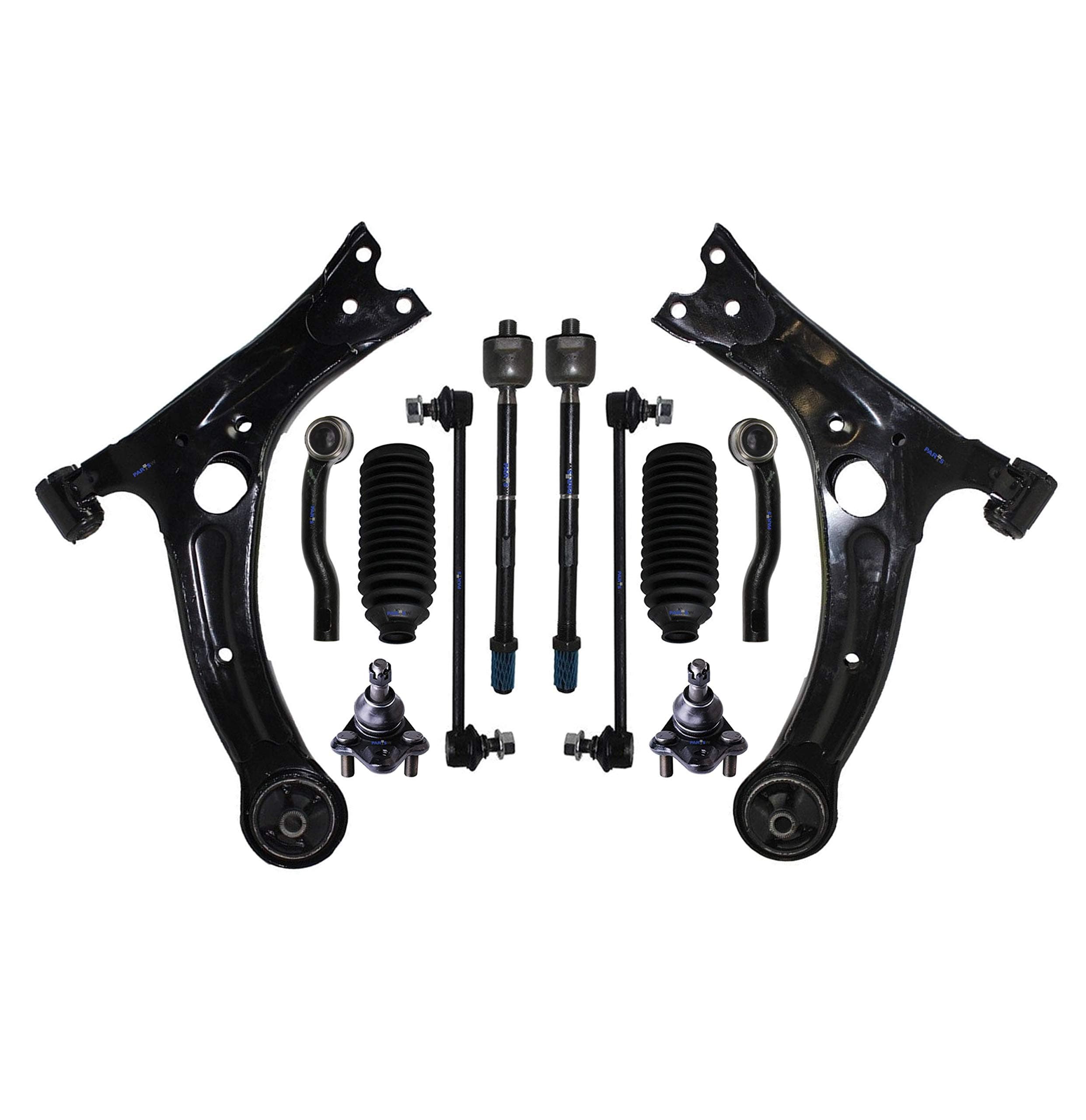 PartsW - 12 Pc Suspension Kit Front Lower Control Arms Left & Right Side Tie Rod End & Sway Bars Rack and Pinion Bellow Boots Lower Ball Joints Fits Toyota Corolla 03-08