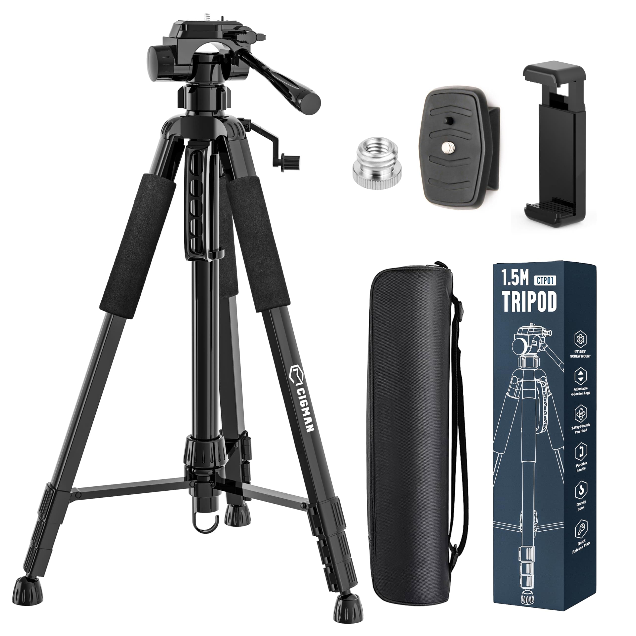 Laser Tripod Adjustable 4-Section, 81-150cm Extendable with 3-Way Pan Head, Bubble Level, 1/4" & 5/8" Screw Mounts, and Mobile Phone Holder – Ideal for Cameras, Laser Levels, and Smartphones