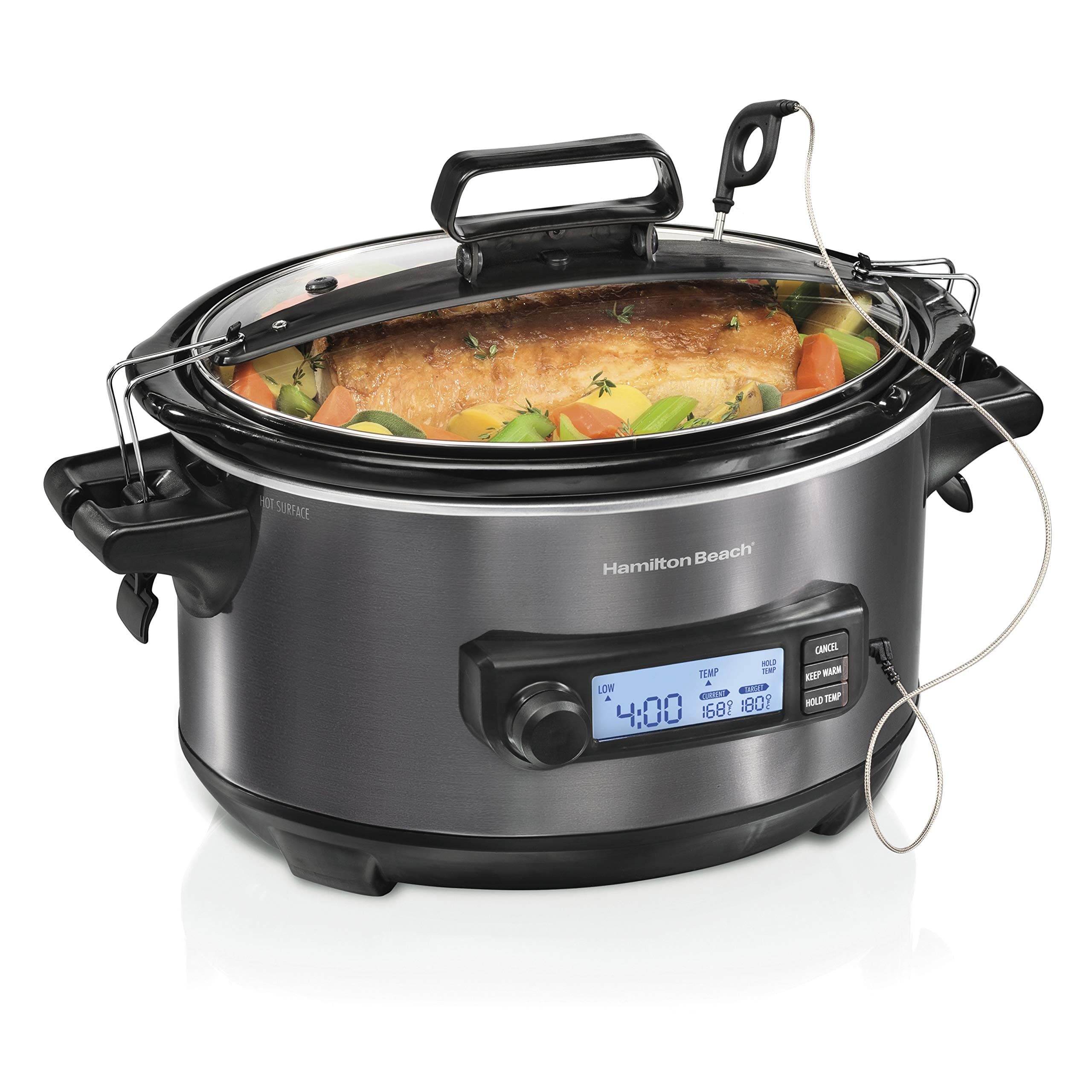 Portable 6-Quart Digital Programmable Slow Cooker With Temp Tracking Temperature Probe to Braise, Sous Vide, Make Fondue & Yogurt, Lid Lock, Black Stainless (33866)