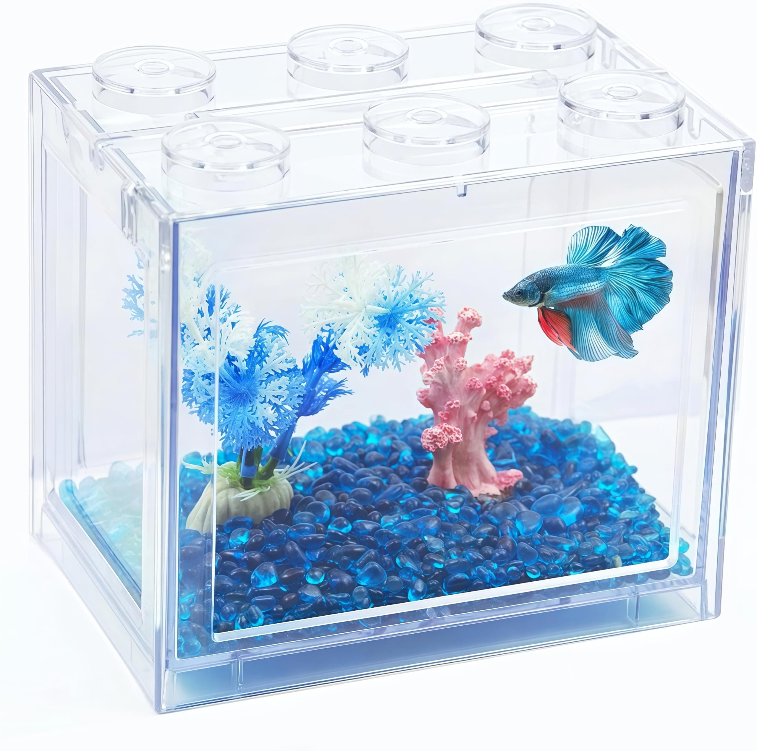 Small Betta Fish Tank, Stackable Mini Fish Tank Aquarium Tank Kit, 3/5 Gallon Rectangular Fish Bowl with Aquarium Gravel Decoration, Tiny Cube Tank for Seaweed Balls Sea Monkeys
