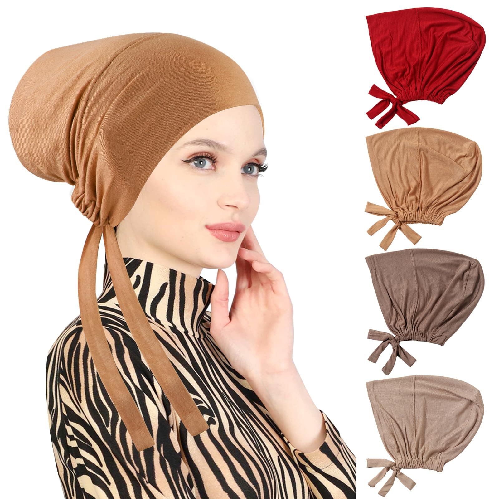 PHOGARY 4 Pcs Women Hijab Undercap, Islamic Muslim Under Hijab Cap Inner Under Scarf Hat Turban with Tie Back Closure