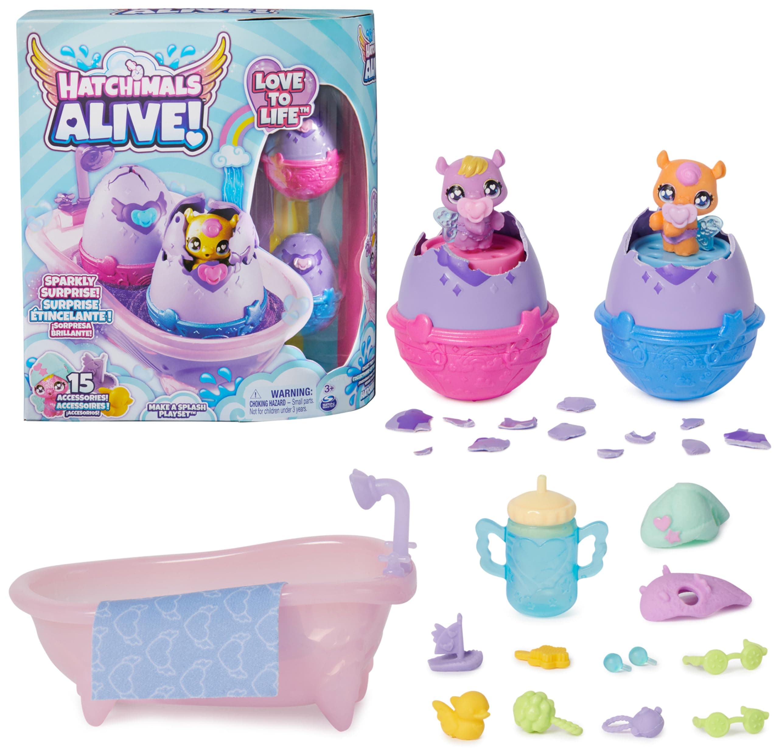 Alive, Make a Splash Playset with 15 Accessories, Bathtub, 2 Color-Change Mini Figures in Self-Hatching Eggs, Kids Toys for Girls and Boys