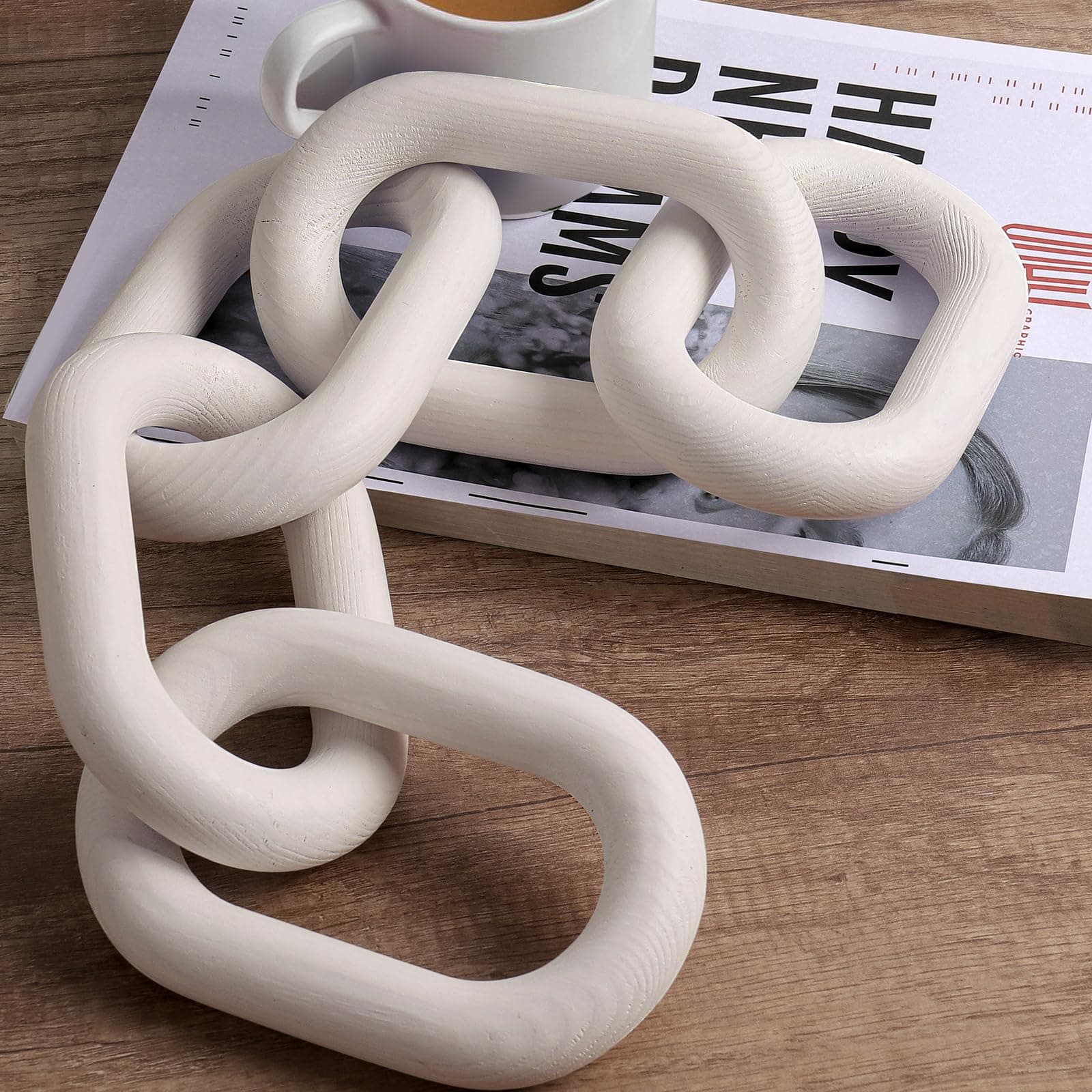 Wood Chain Link Decor, Rustic Coffee Table Decorative Chain, Book Shelf Decor Accents, Dining Table Decor, Boho, Country or Modern Home Décor for Shelves - White Washed