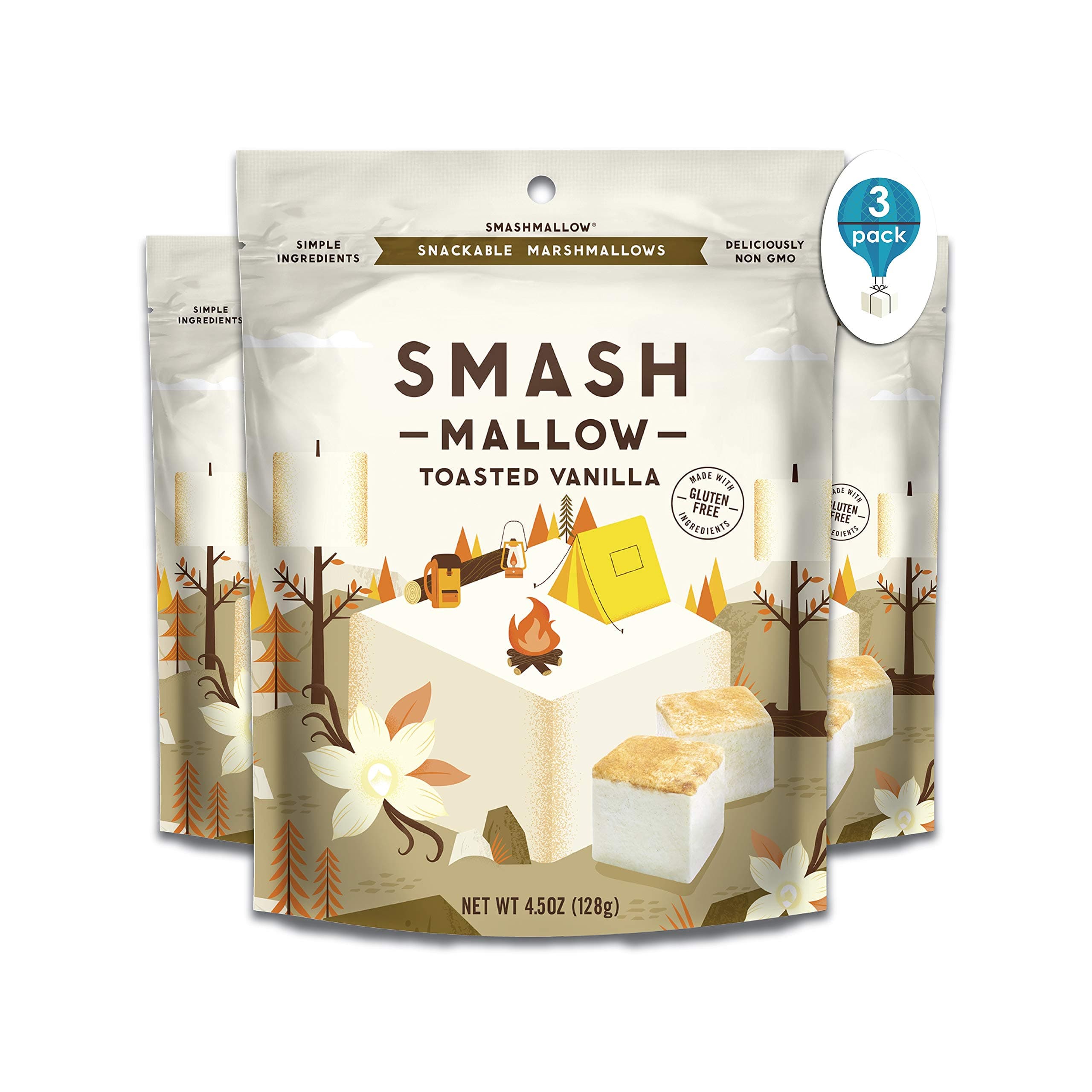 Toasted Vanilla by SMASHMALLOW | Snackable Marshmallows | Gluten Free | Non-GMO | Organic Cane Sugar | 100 Calories | Pack Of 3 (4.5 oz)