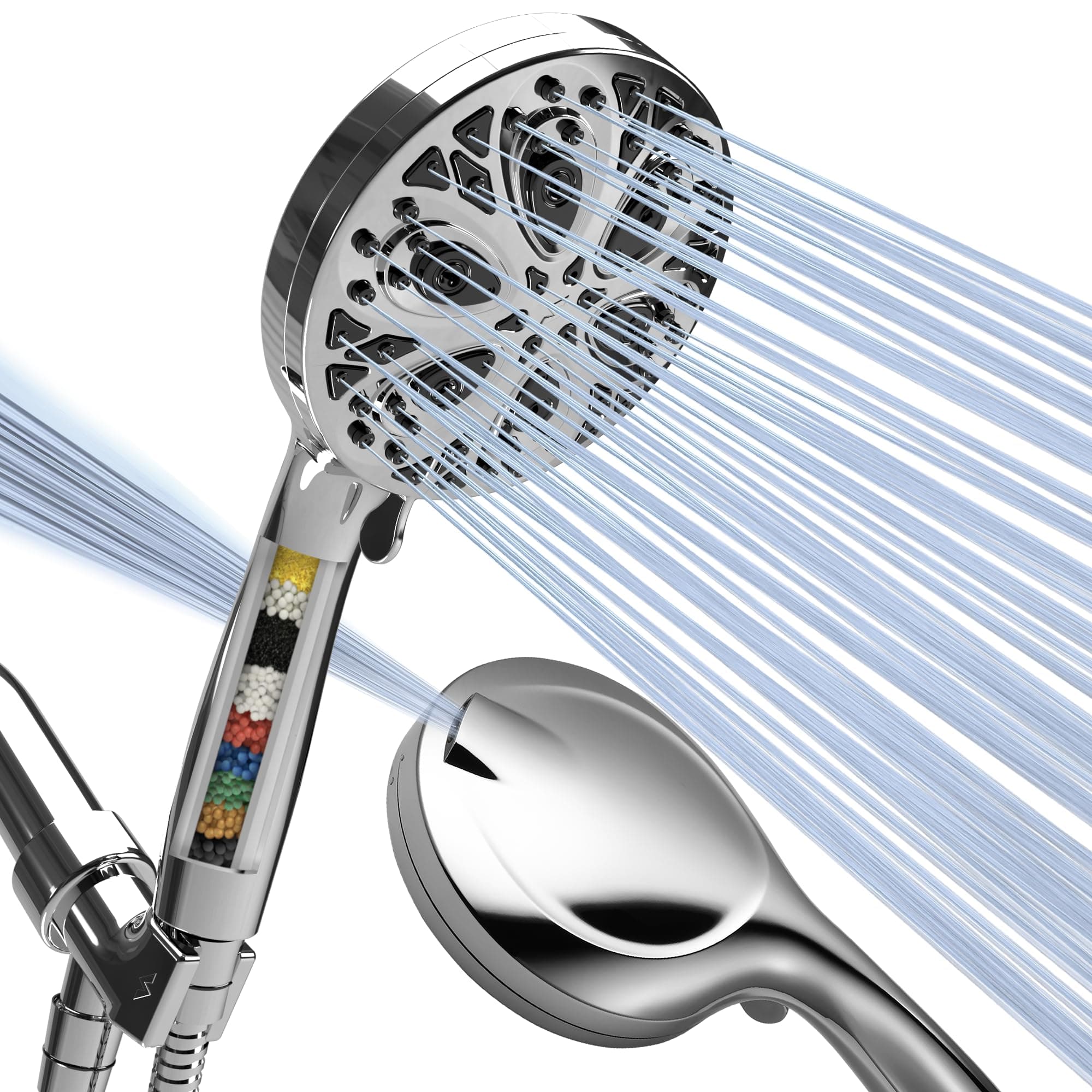 SparkPod 10-Mode Handheld Shower Head with Filter - 5" High Pressure Filtered Shower Head with Touch-to-Clean Nozzles, Built-In Power Jet, Stainless Steel 6ft Hose & Bracket (Polished Chrome)