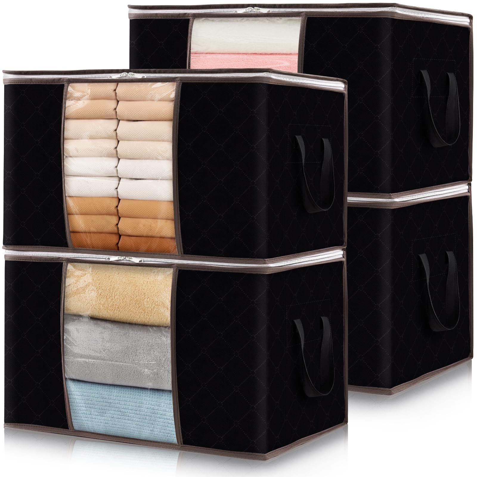 Lifewit 4 Pack Clothes Storage, Foldable Storage and Organization, Storage Bins with Lids, Blanket Storage with Clear Window, Closet Storage with Reinforced Handles for Clothing, Bedding, Black