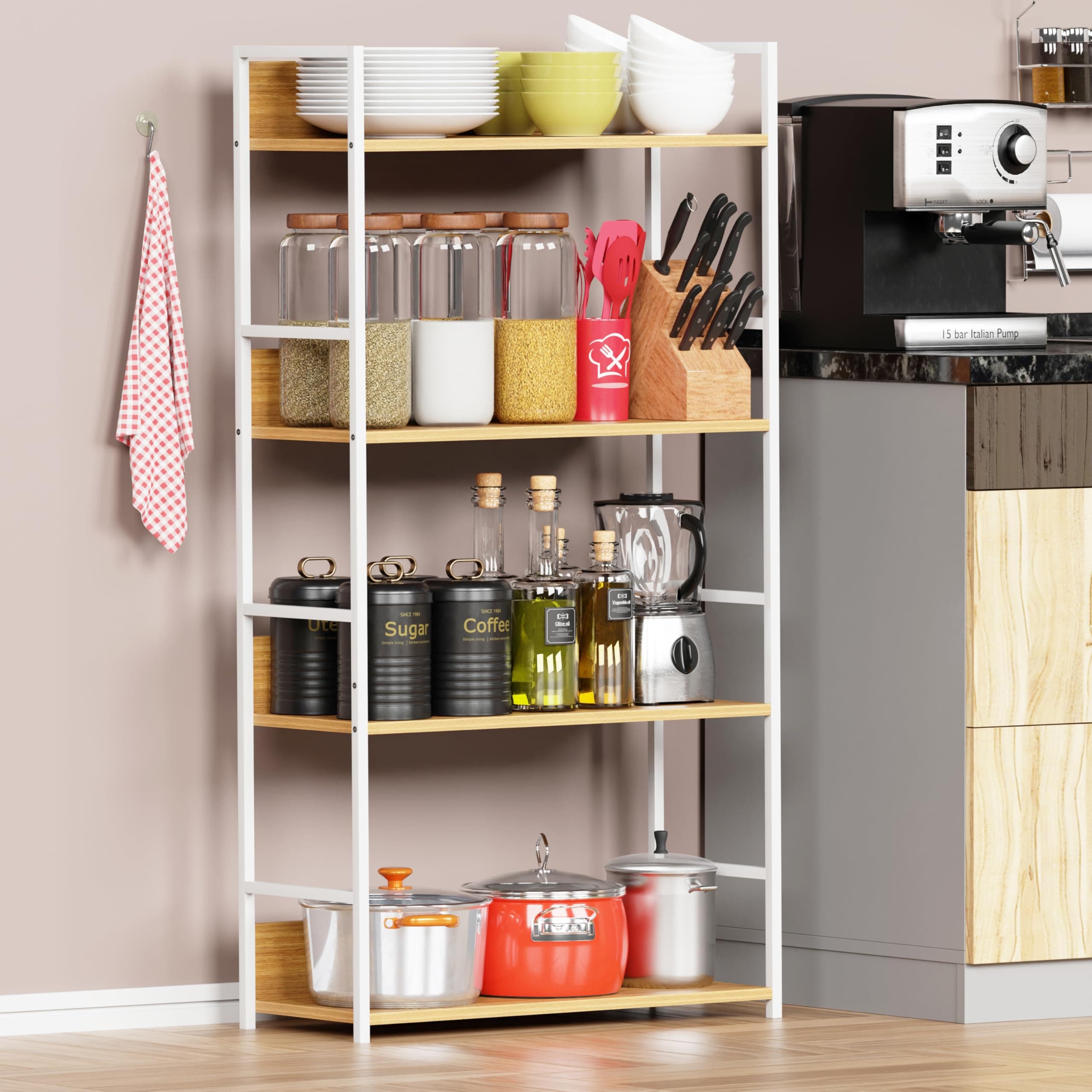 Lukzer 4 Layer Multipurpose Rack Industrial Metal Frame with Engineered Wood Bookshelf for Kitchen, Bedroom & Living Room Stand (112 x 58.5 x 23.5, Oak Light & White/MMR-001)