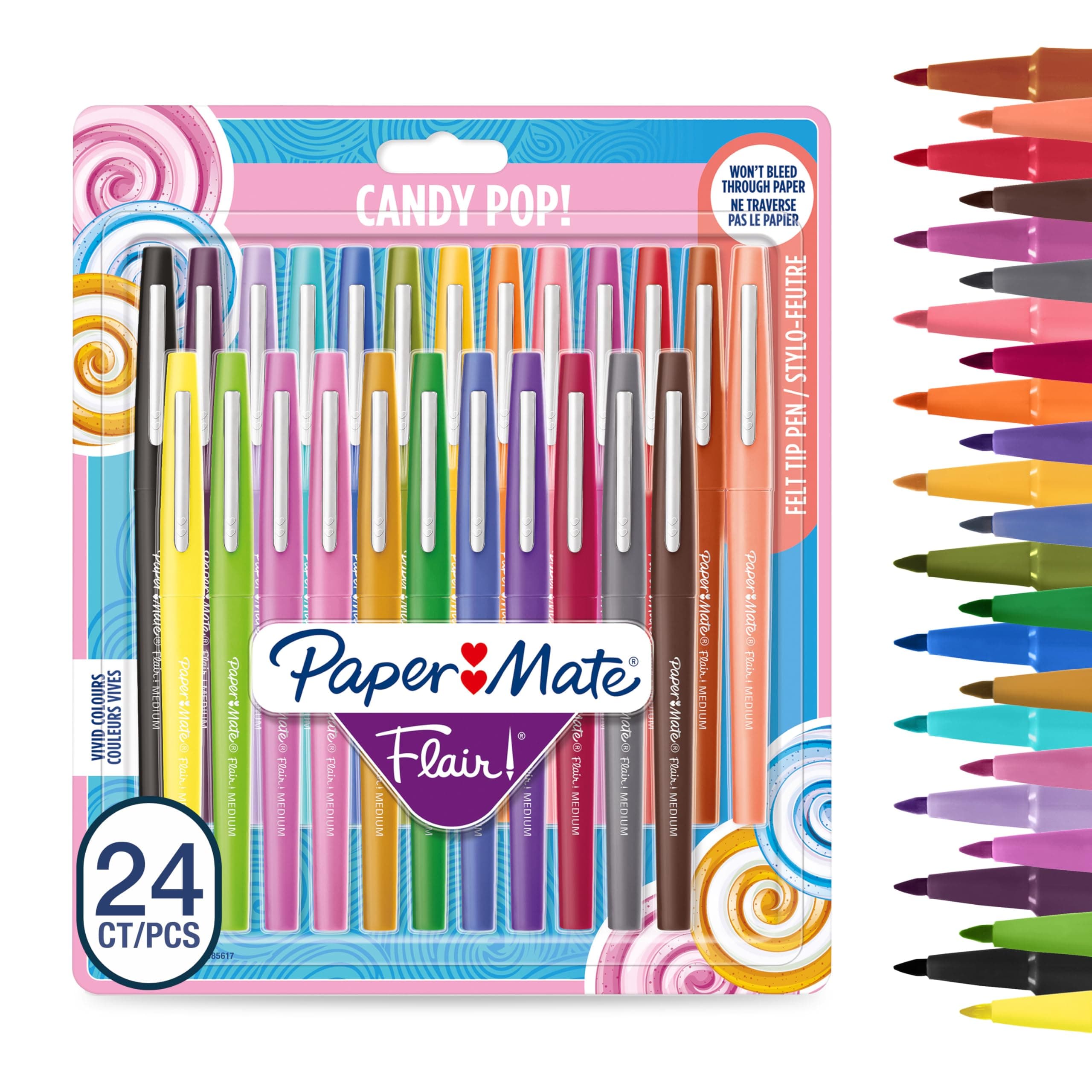 Flair Felt Tip Pens | Medium Point (0.7 mm) | Assorted Candy POP Colours | 24 Count
