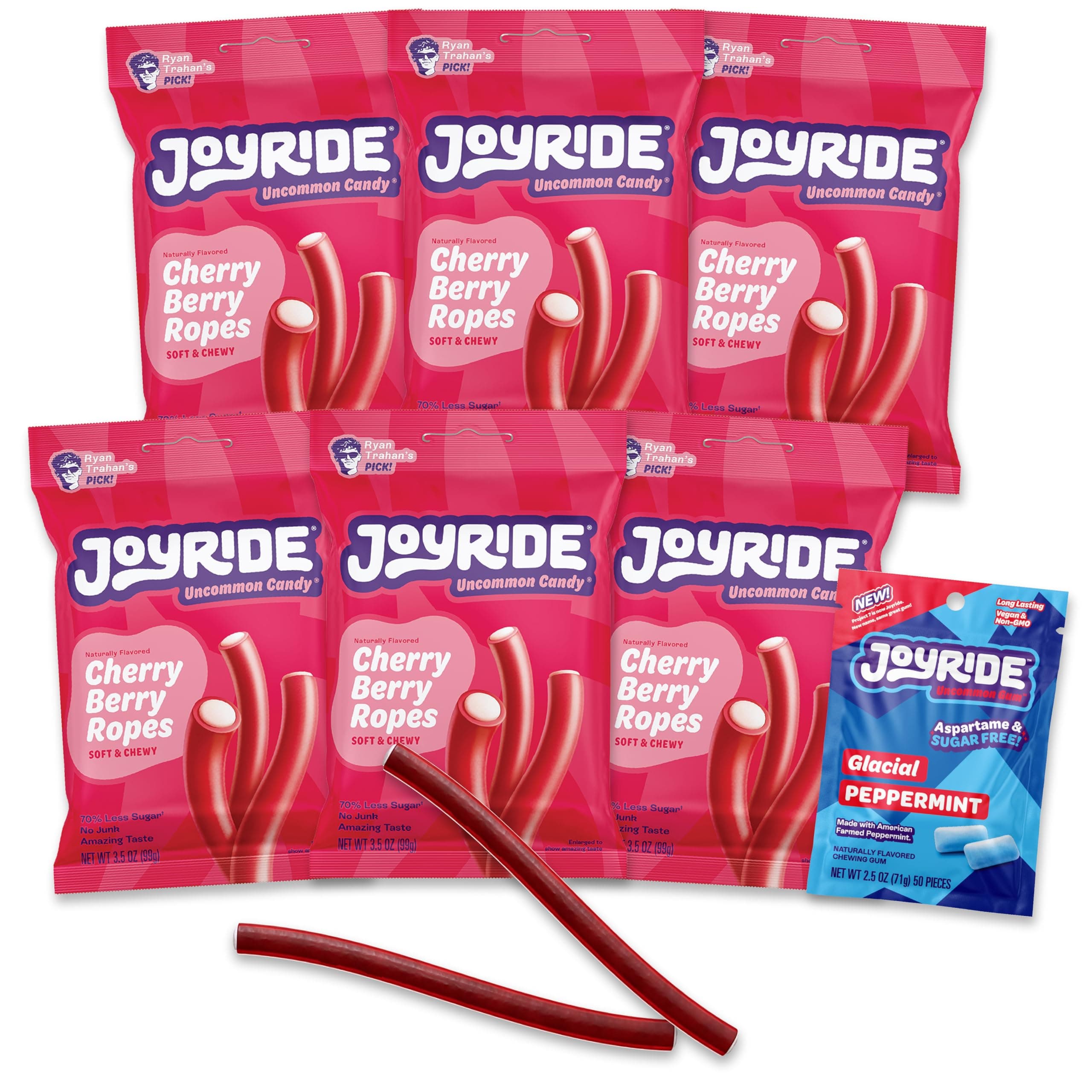 Cherry Berry Ropes - 3.5 oz 6-Pack Bundle with 2.5oz Glacial Peppermint Gum, Tart Cherry Licorice, Low Calorie Candy, Low Sugar & Low Carb, Fiber Snack (7 Items)