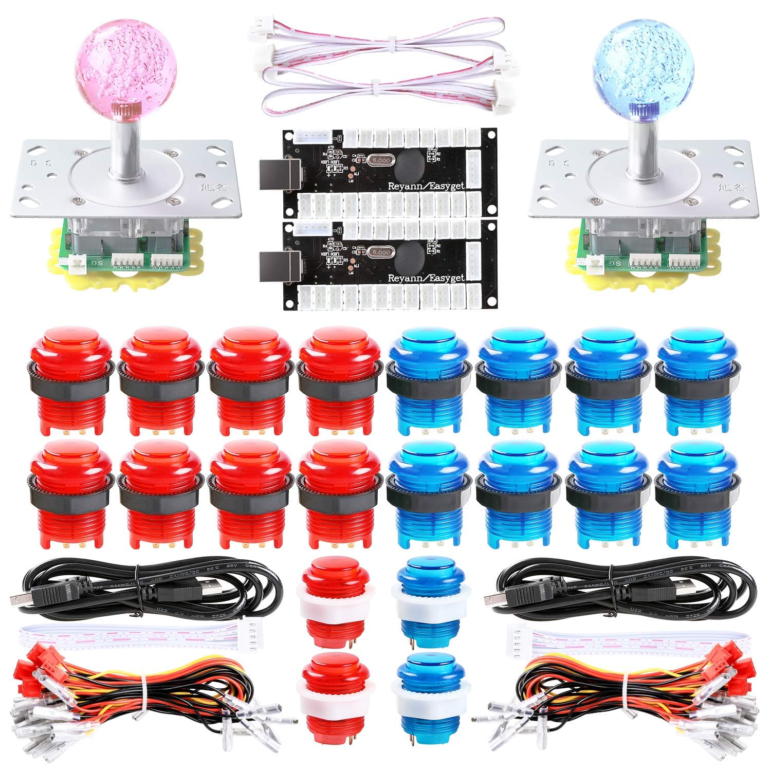 LED Arcade DIY Parts - 2X Zero Delay USB Encoder + 2X 2/4/8 Way Joystick + 20 LED Illuminated Push Buttons for Mame Windows System & Raspberry Pi Project Arcade - Red + Blue Kits