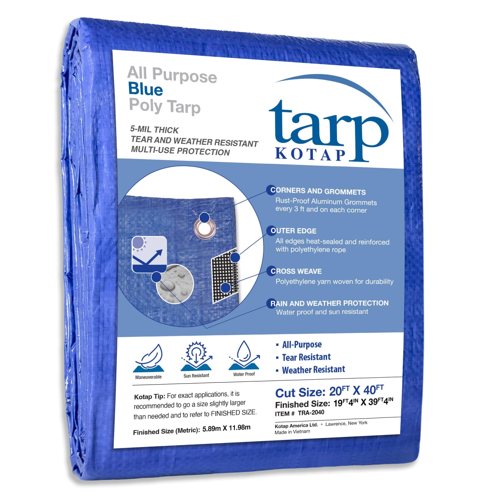Kotap TRA-2040 Waterproof All-Purpose Multi-Use Protection/Coverage 5-mil Poly Tarp, Cut Size: 20 x 40'/Finished Size: 19' 4" X 39' 4", Blue