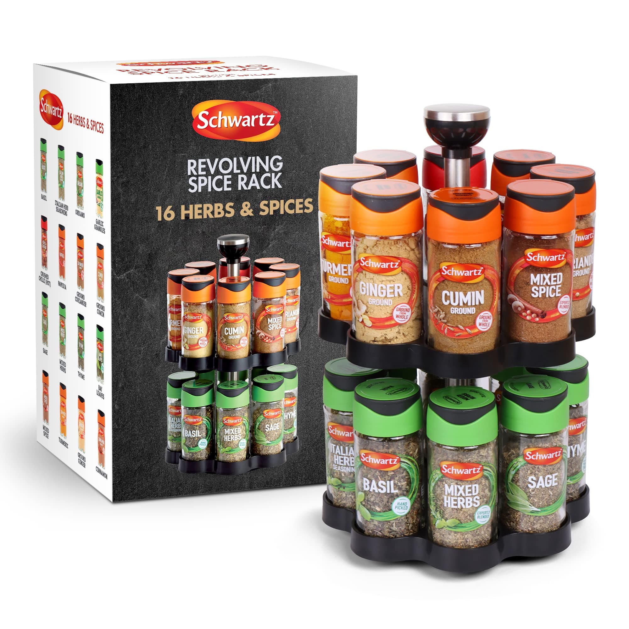 Rotating Spice Rack, Space Saving, Includes 16 Herbs and Spices Jars for your Favourite Dishes, 373 G, 18cm (W) x 26cm (H), Engraved Schwartz Logo on Handle