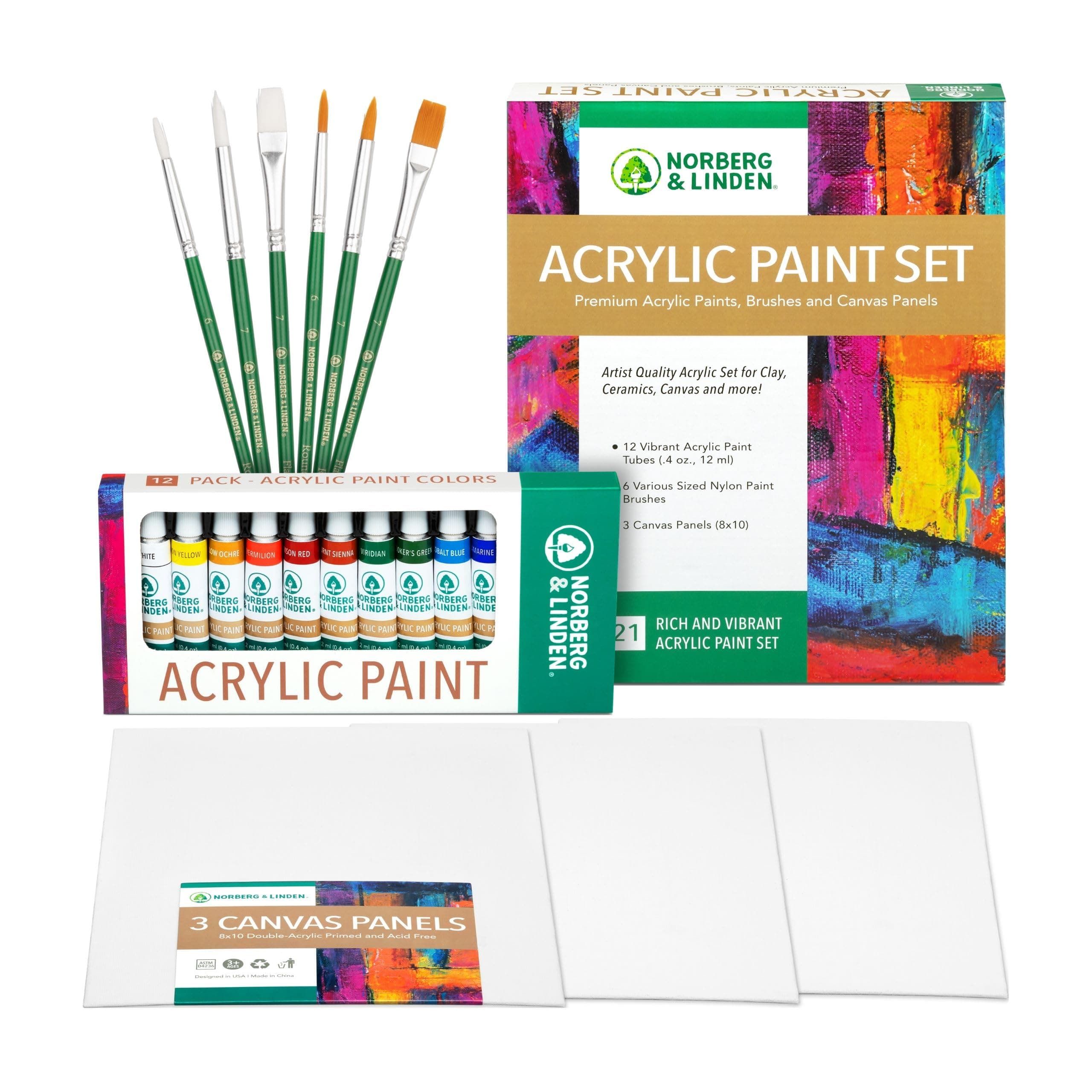Acrylic Art Set - 12 Acrylic Paint Tubes - 6 Paint Brushes - 3 Canvas Panels - Art Supplies