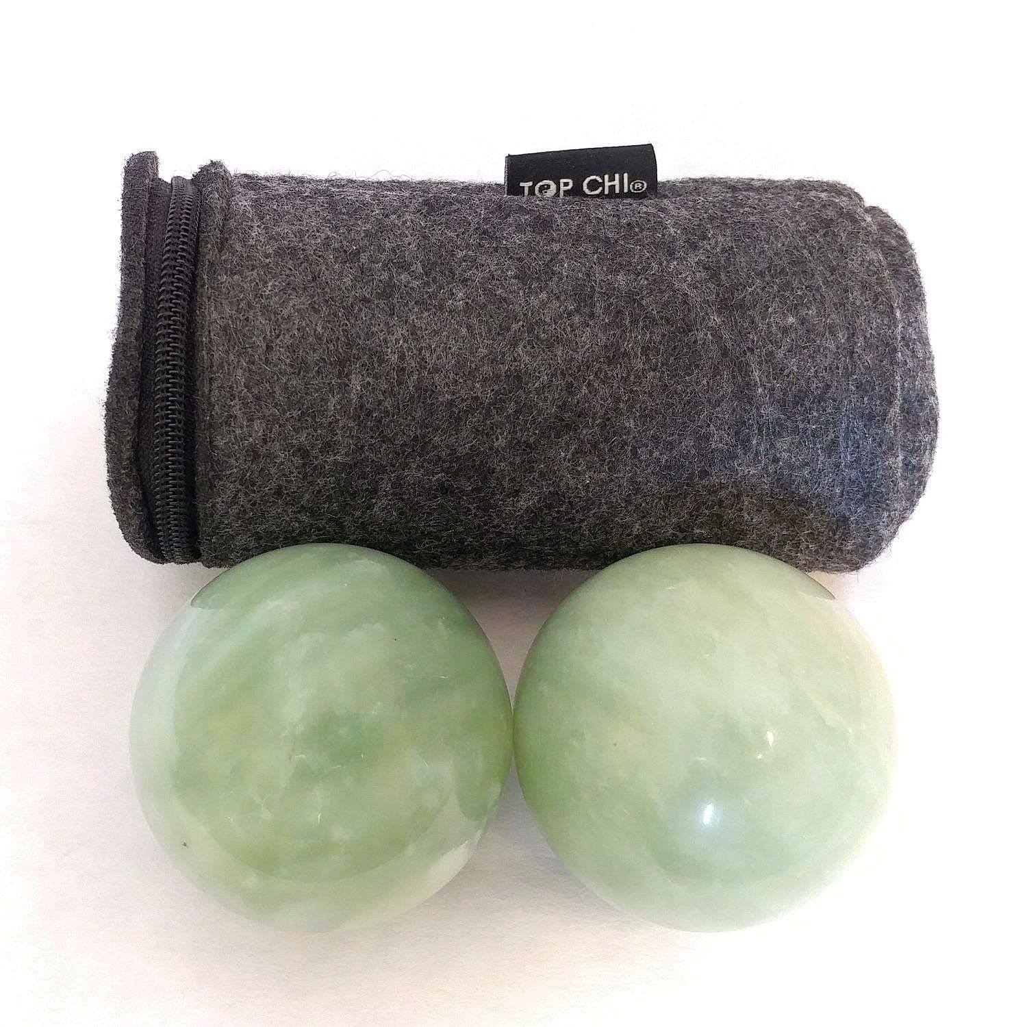 Top Chi Green Jade Baoding Balls with Carry Pouch for Hand Therapy, Exercise, and Stress Relief (Medium 1.6 Inch)