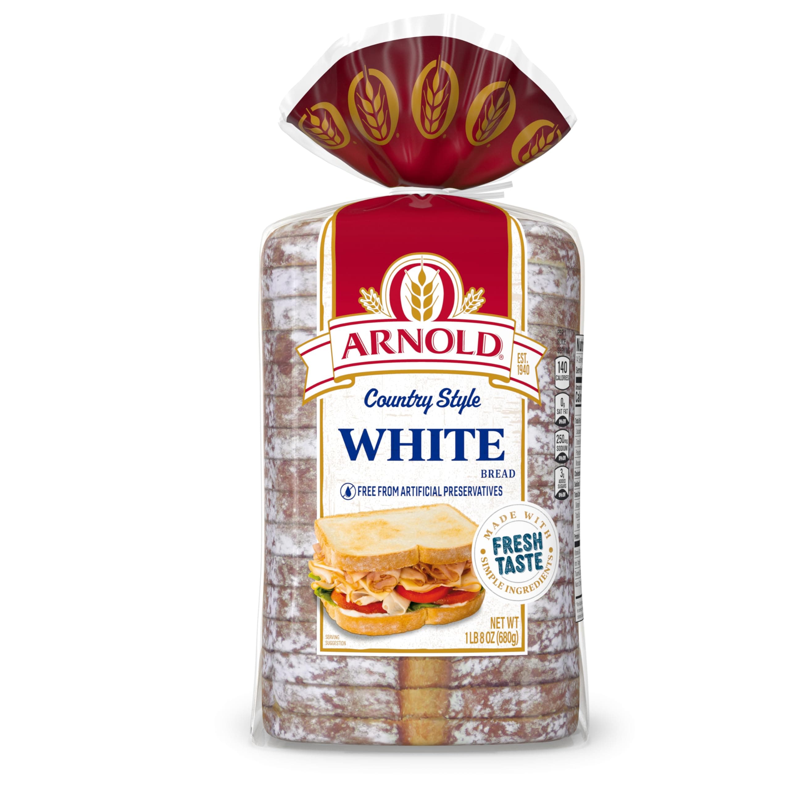 Arnold Country Style Plain Bread, White Bread, 24 oz Bag