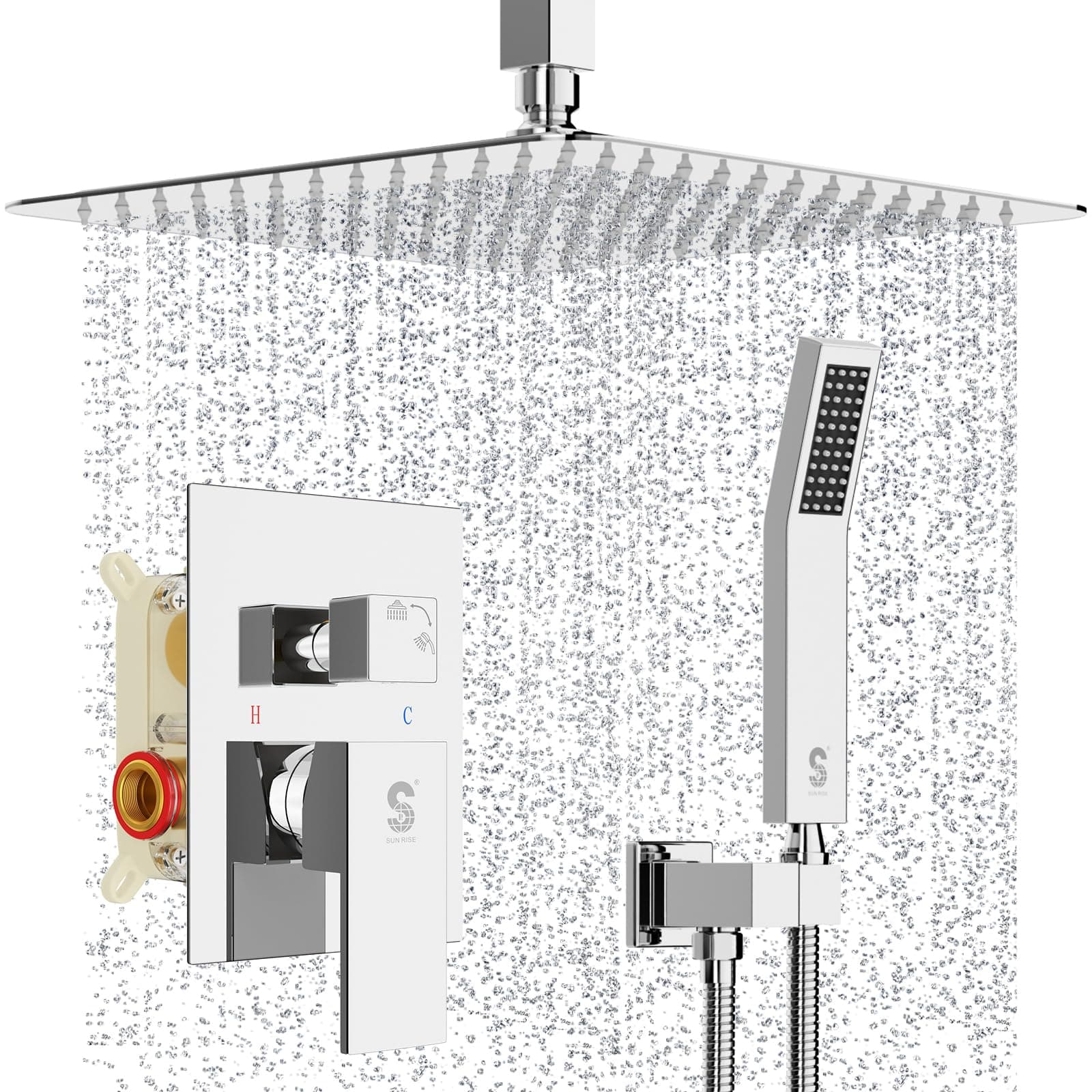 SR SUN RISE 12 Inch Ceiling Mounted Shower System Rain Mixer Combo Set Rainfall Shower Head System Faucet Trim Repair Kits Polished Chrome Rough-in Valve Body and Trim Included