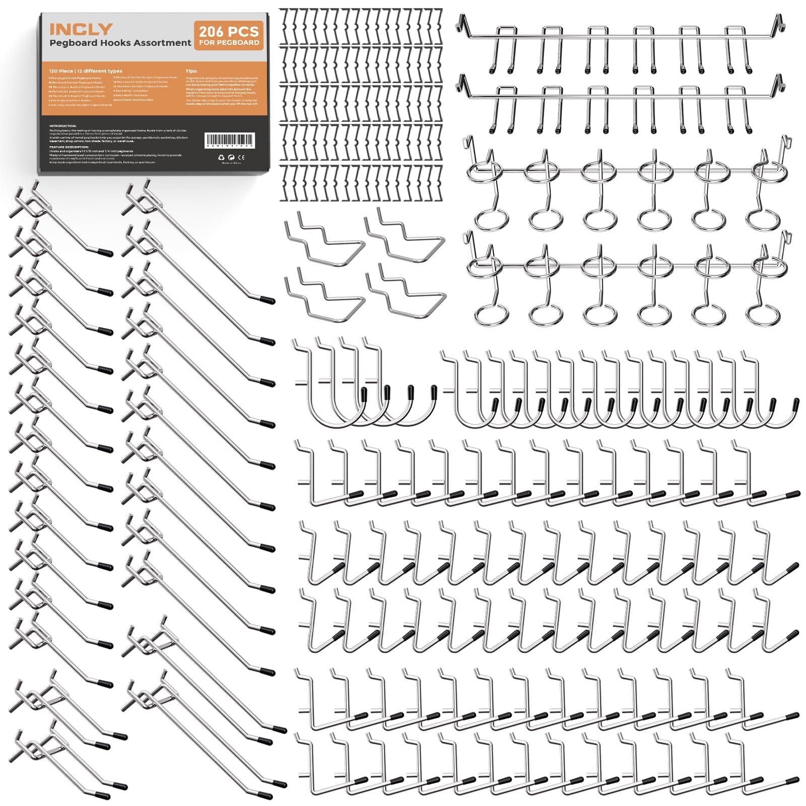 Pegboard Hooks Set for Hanging Tools, 206PCS Heavy Duty Peg Hook Hanger & Holder Fit 1/4 1/8 Inch Pegboard for Craft Assortment Garage Organizer Bins Attachment Peg Board Accessories