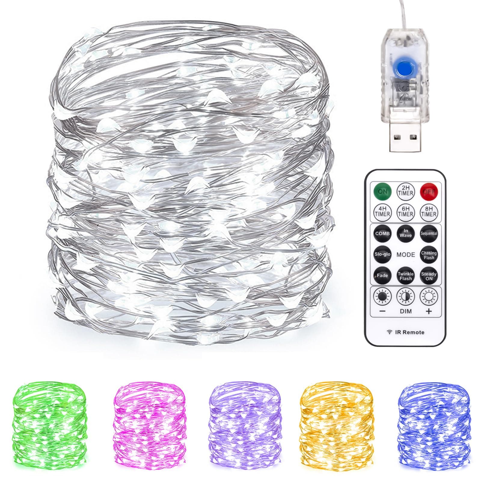 Fairy String Lights 66ft 200USB Twinkle Silver Wire Lights with Remote & Timer - 8 Modes Outdoor Waterproof Starry DIY Party Wedding Christmas Decor (White)