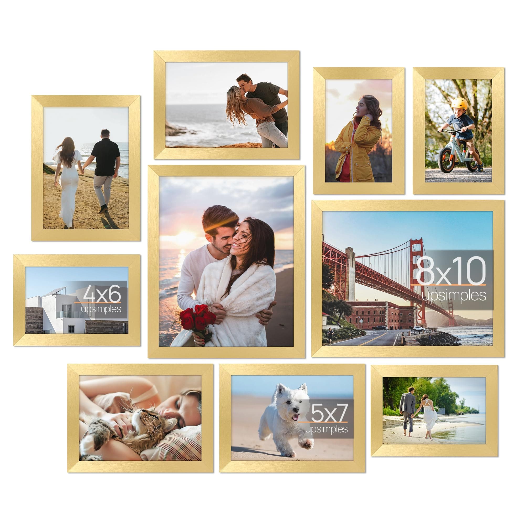 upsimples 10 Pack Picture Frames Collage Wall Decor for Mounting or Tabletop Display, Photo Gallery Frame Set for Family, Multi Sizes Including 8x10, 5x7, 4x6, Gold