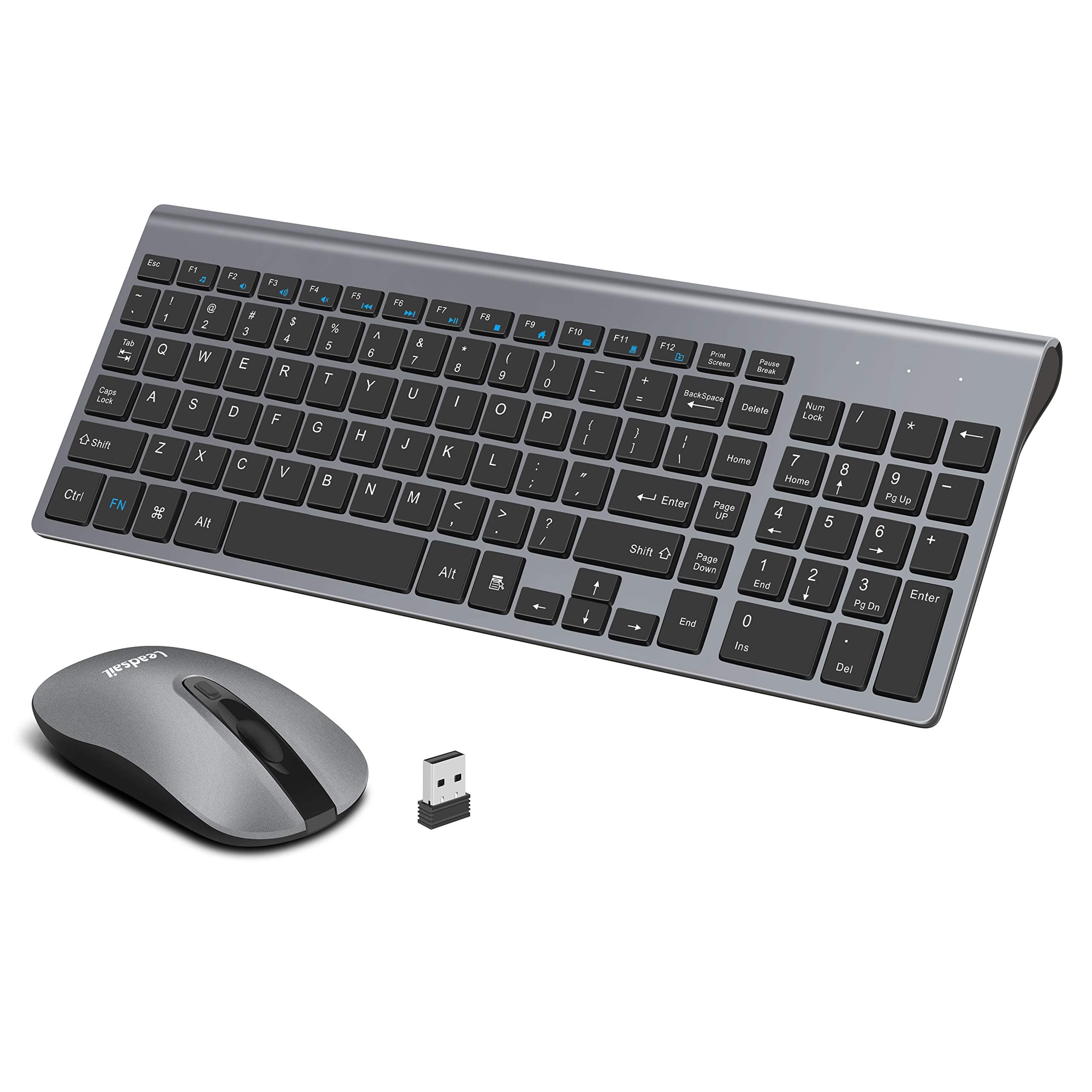 LeadsaiLWireless Keyboard and Mouse Combo Compact Quiet Full Size Wireless Keyboard and Mouse Set 2.4G Ultra-Thin Sleek Design for Windows Computer Desktop PC Notebook Laptop (Black+Grey)