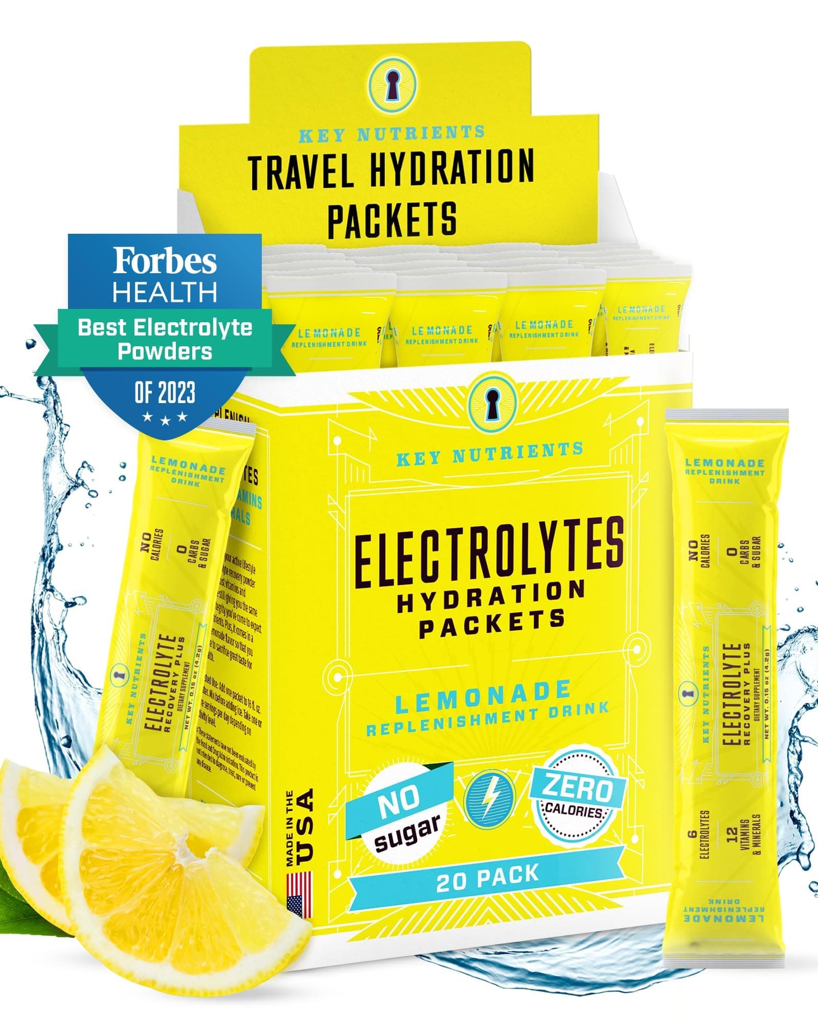 KEY NUTRIENTS Electrolytes Powder Packets - Refreshing Lemonade 20 Pack Hydration Packets - Travel Hydration Powder - No Sugar, No Calories, Gluten Free - Made in USA