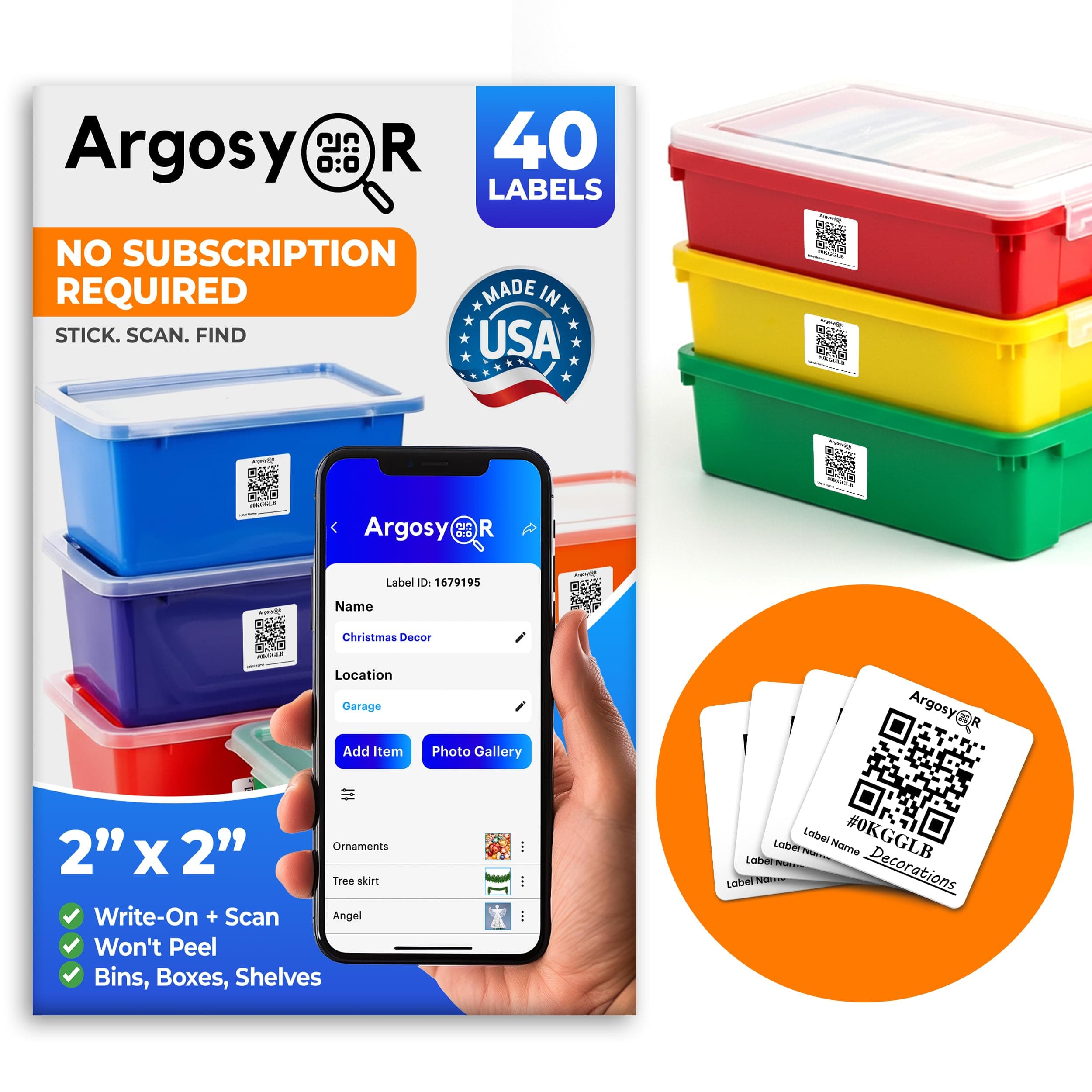 Weatherproof Smart Labels for Storage Bins – 40 Pack 2x2 Inch – USA-Made QR Code Labels for Bins, Moving Boxes, Totes & Inventory Organization
