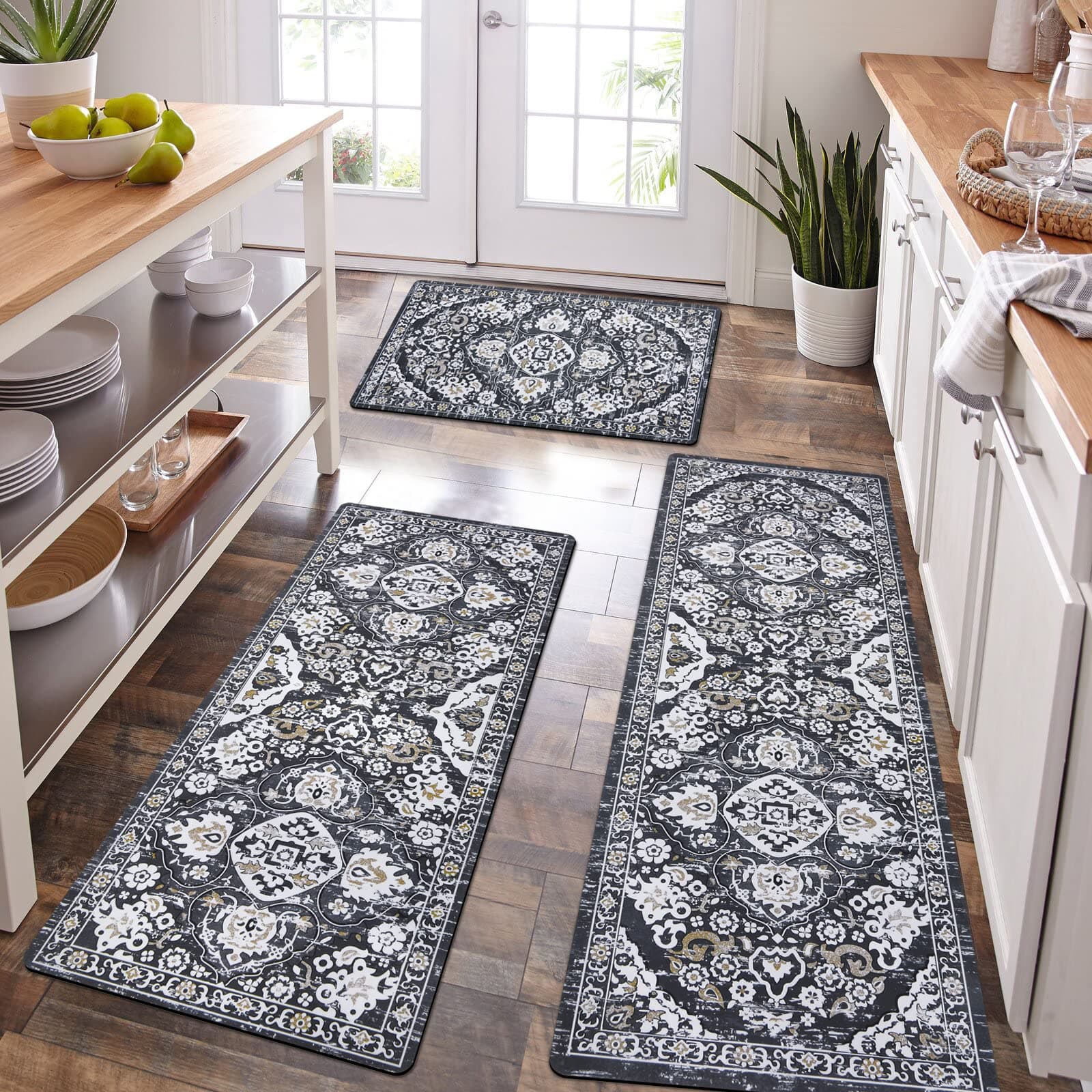 HEBE Boho Kitchen Rug Sets 3 Piece with Runner Washable Thin Kitchen Rugs and Mats Set Non Slip Kitchen Floor Mat Waterproof Laundry Room Rug Runner for Entryway Hallway Bohemian Area Rug