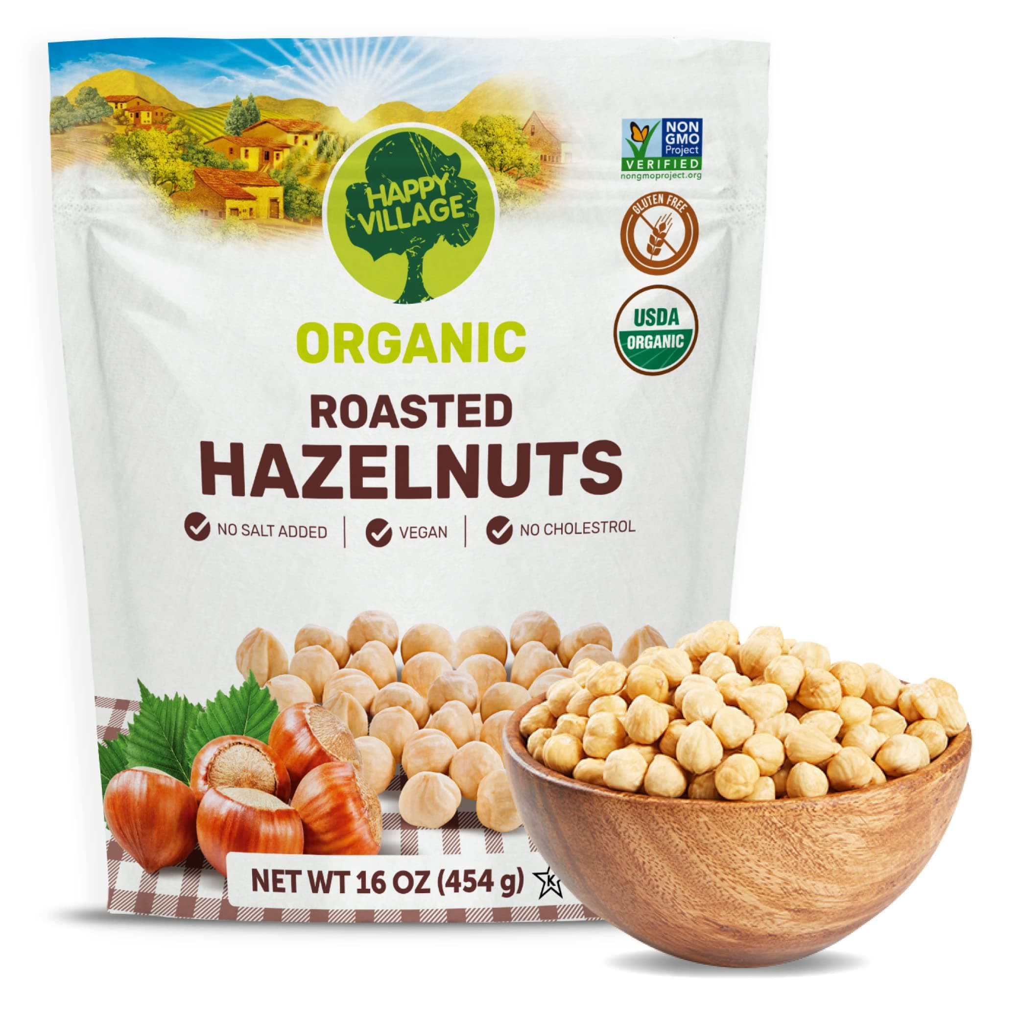 Happy Village Organic Roasted Hazelnuts, 16 OZ Resealable Bag, Roasted and Unsalted, USDA Organic, Non-GMO, Kosher, Vegan, Gluten-Free Filbert Nuts, No Added Oil or Preservatives