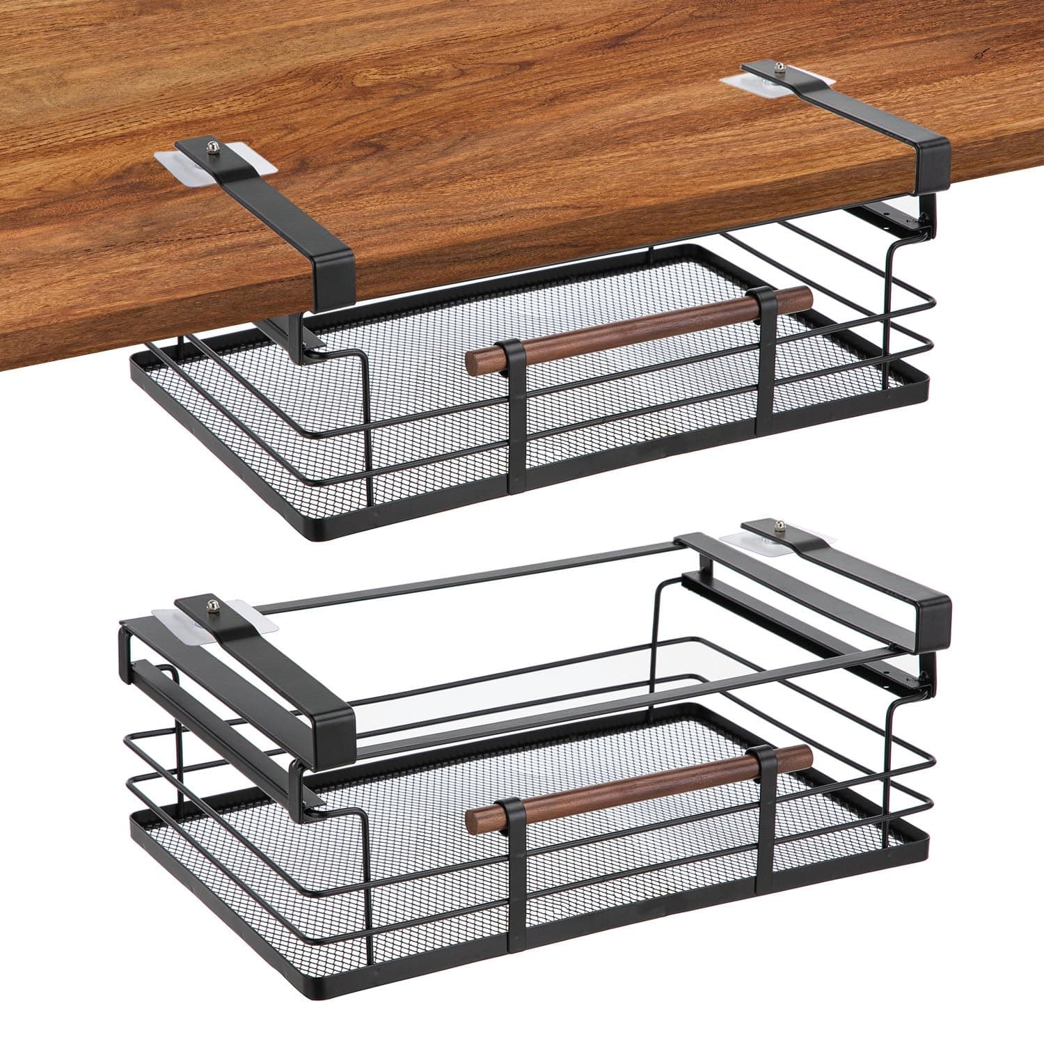 2-Pack Under Shelf Pull-Out Drawer Kitchen Cabinet Organizer with Steel Mesh Basket and Wooden Handle, 17 Inch Length