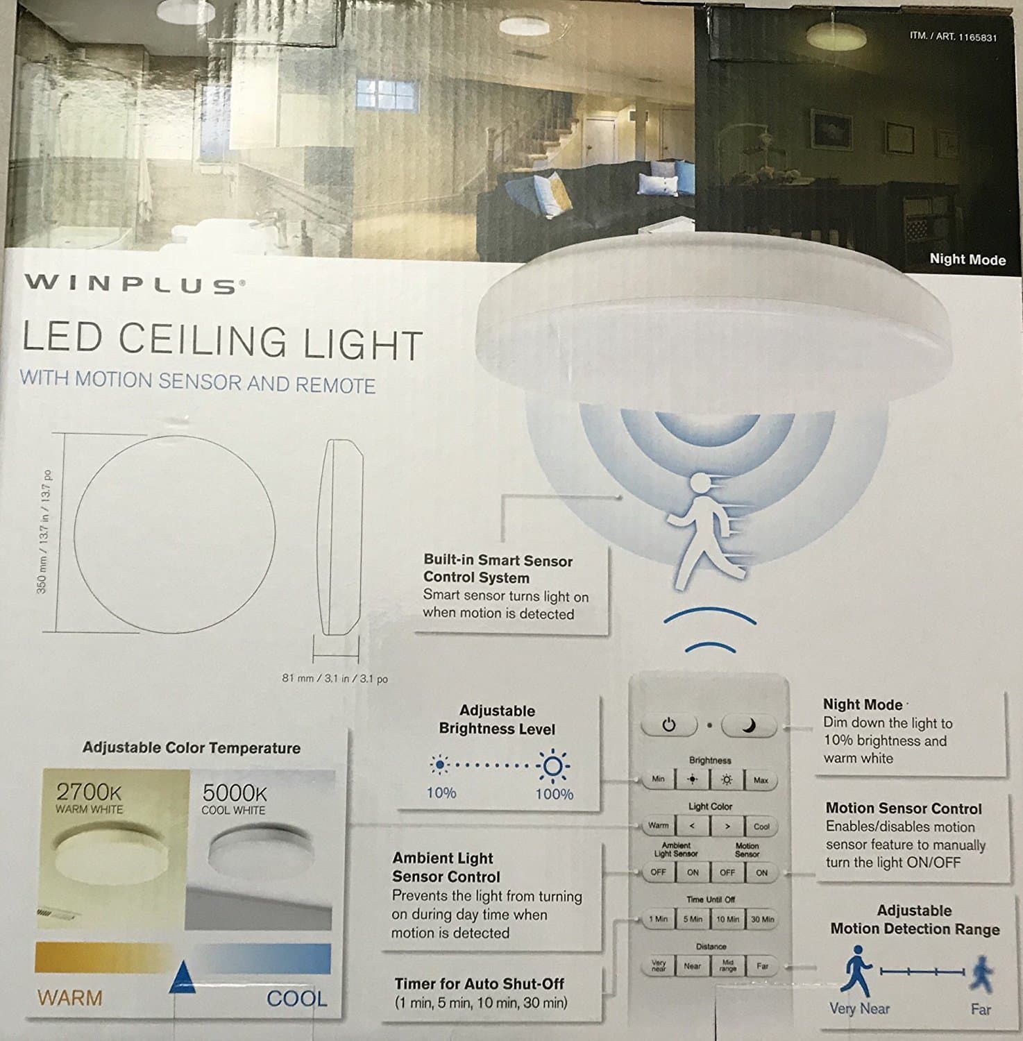 WinplusLM56123-6 Control & Motion Activated LED Ceiling Light with Remote White