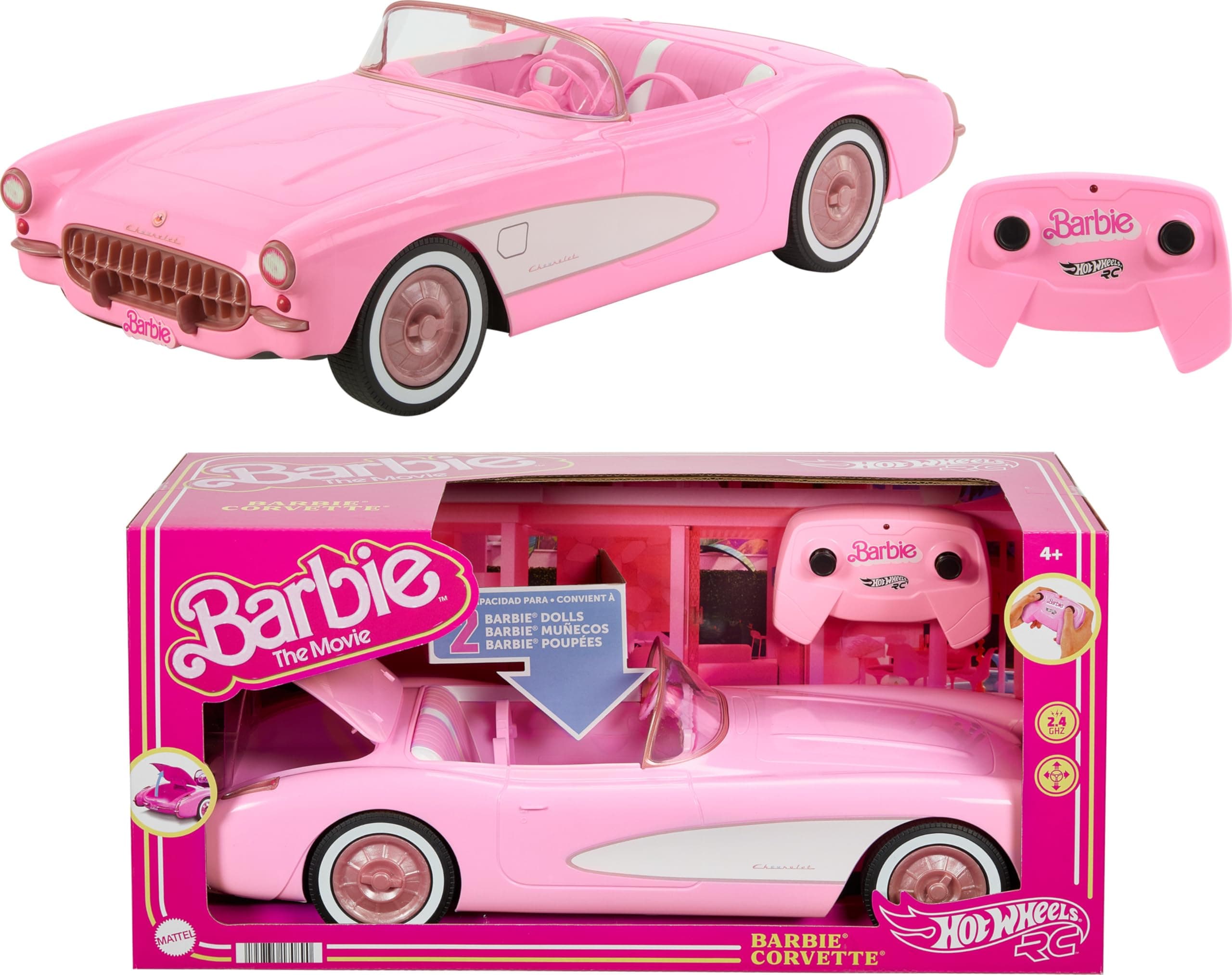 Barbie RC Corvette From The Movie, Full-Function Remote-Control Toy Car Holds 2 Dolls